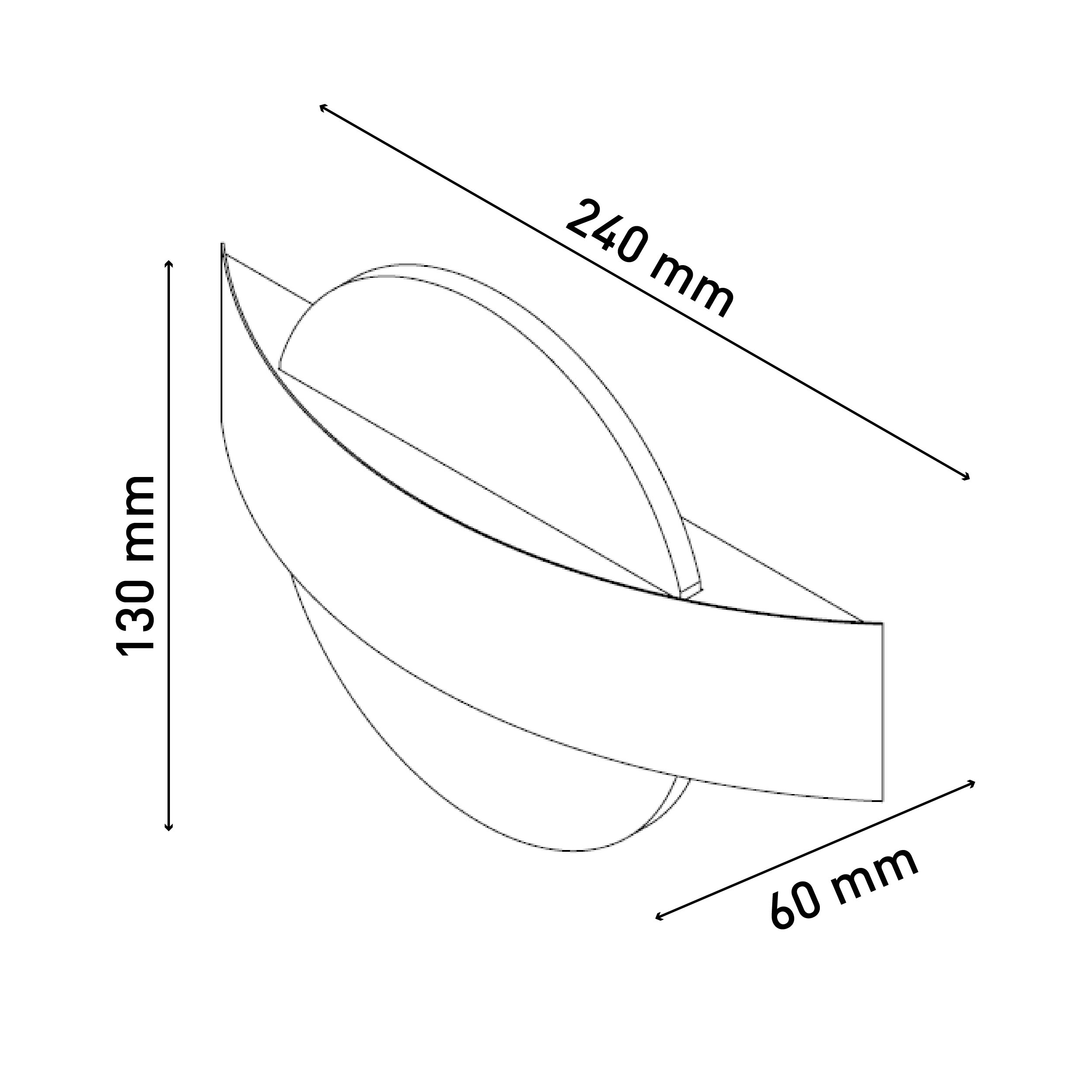 Eine Strichzeichnung einer modernen Leuchte mit den Abmessungen 130 mm, 240 mm und 60 mm.