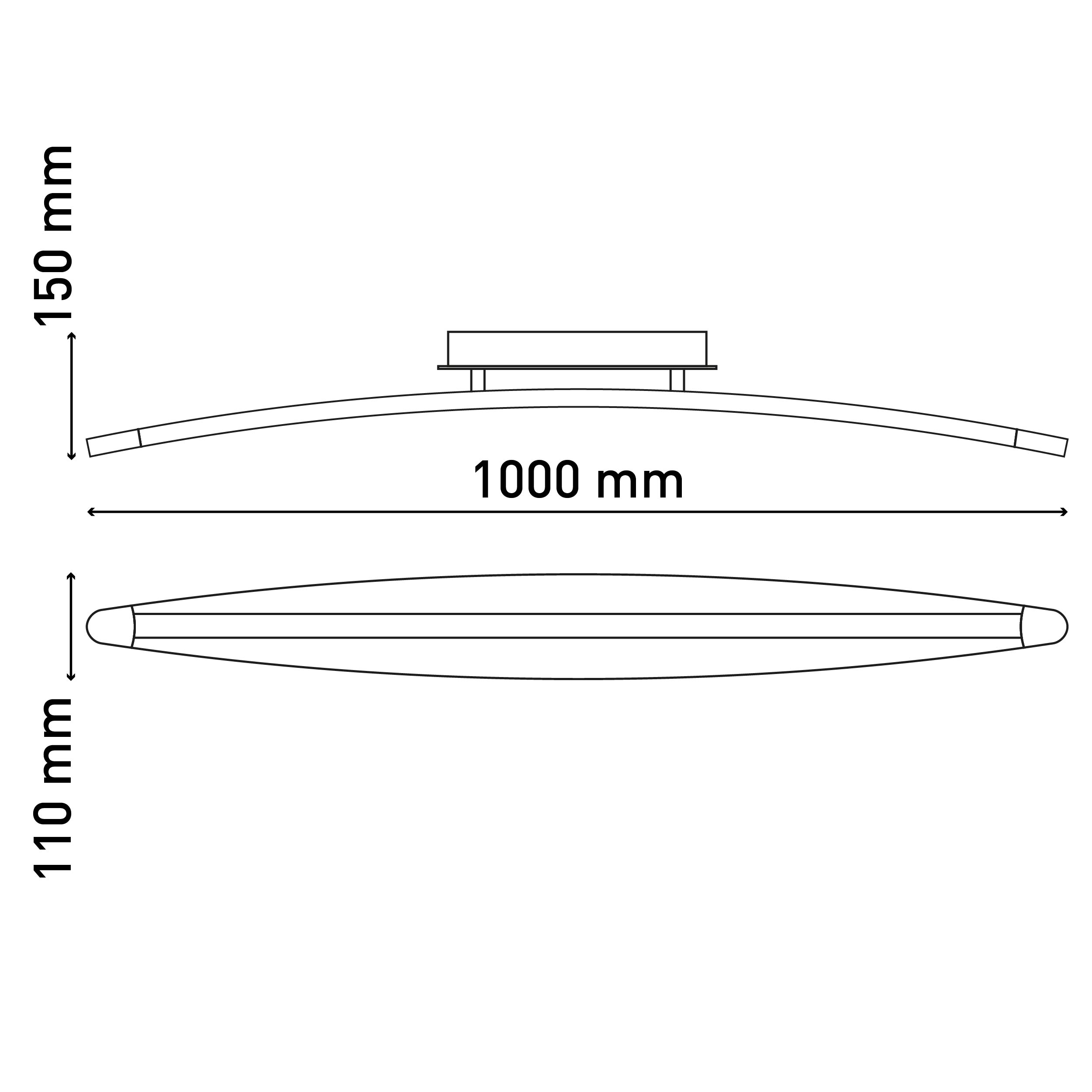 Eine lange, gebogene Leuchte mit den Maßen: 1000 mm, 150 mm und 110 mm.