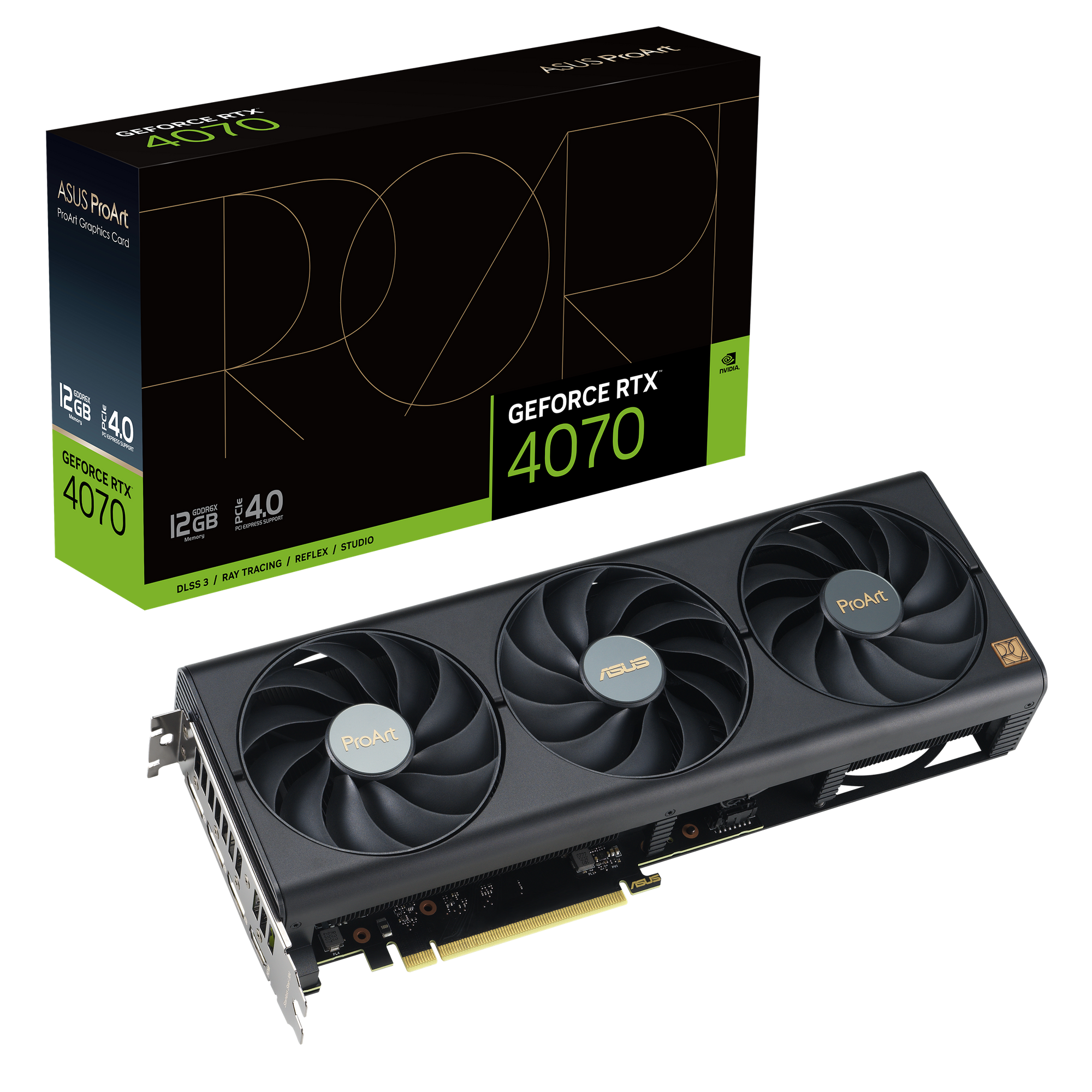 Scheda grafica Asus ProArt GeForce RTX 4070 con scatola, nera, tre ventole.