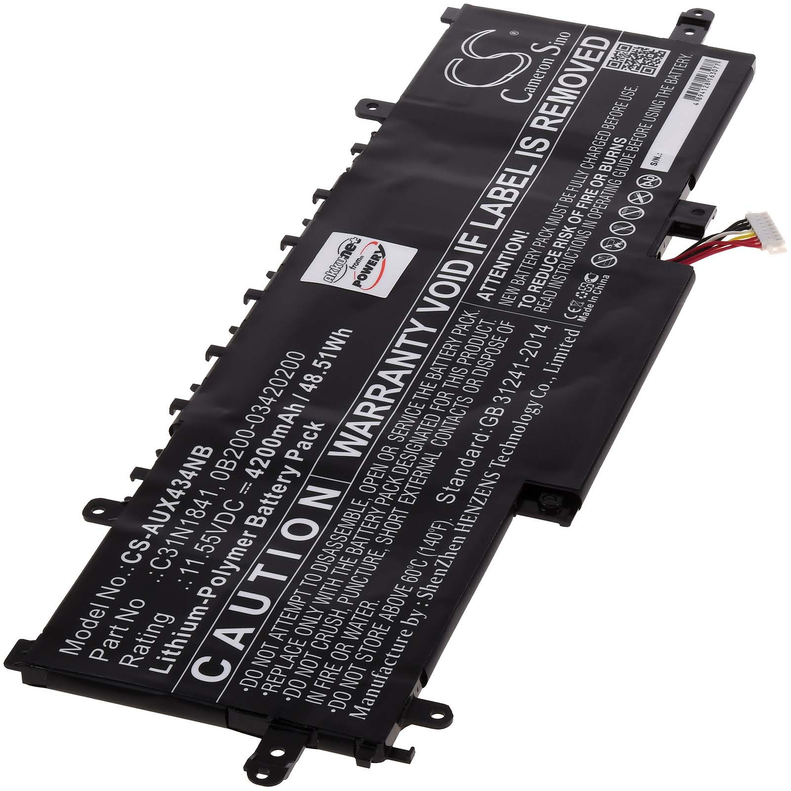 Laptop-Akkupack mit Warnhinweisen. Schwarz-Weiß-Farben. Cameron Sino Logo. Lithium-Polymer-Akkupack.