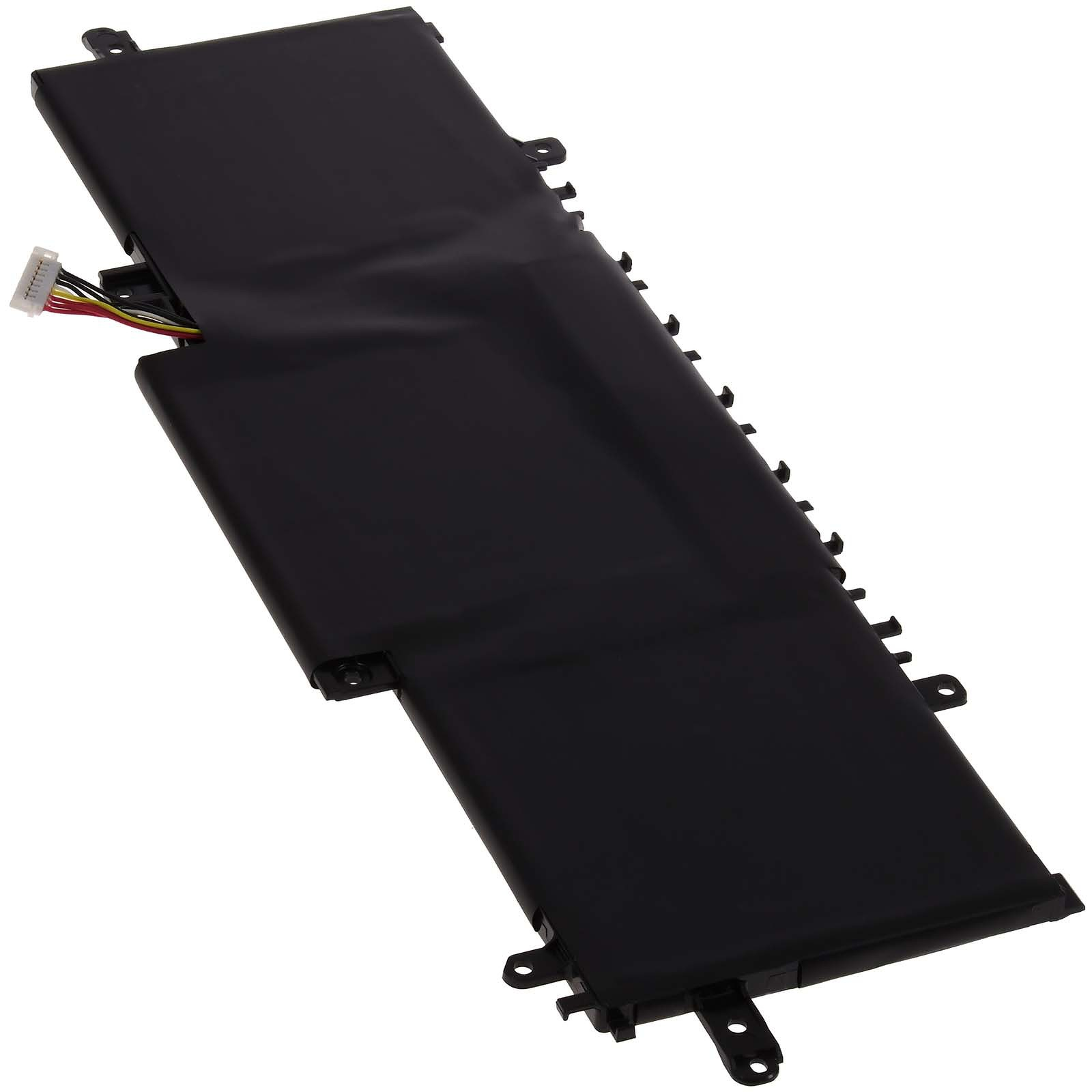 Schwarzer Laptop-Akku mit Anschlüssen und schwarzer Oberfläche. Der Akku ist rechteckig geformt.