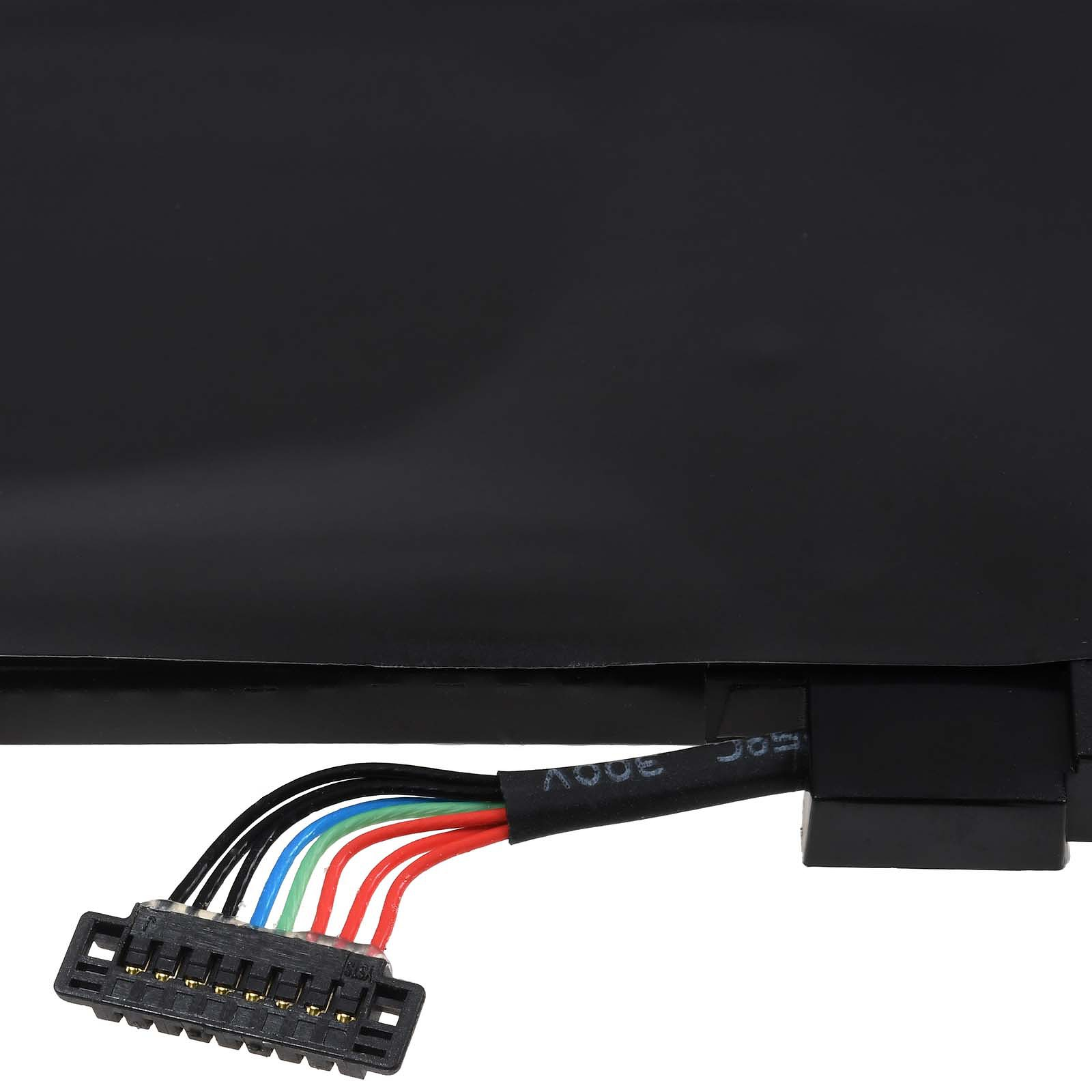 Schwarzer Laptop-Akku mit einem Stecker. Der Akku hat farbige Drähte und eine schwarze Oberfläche.