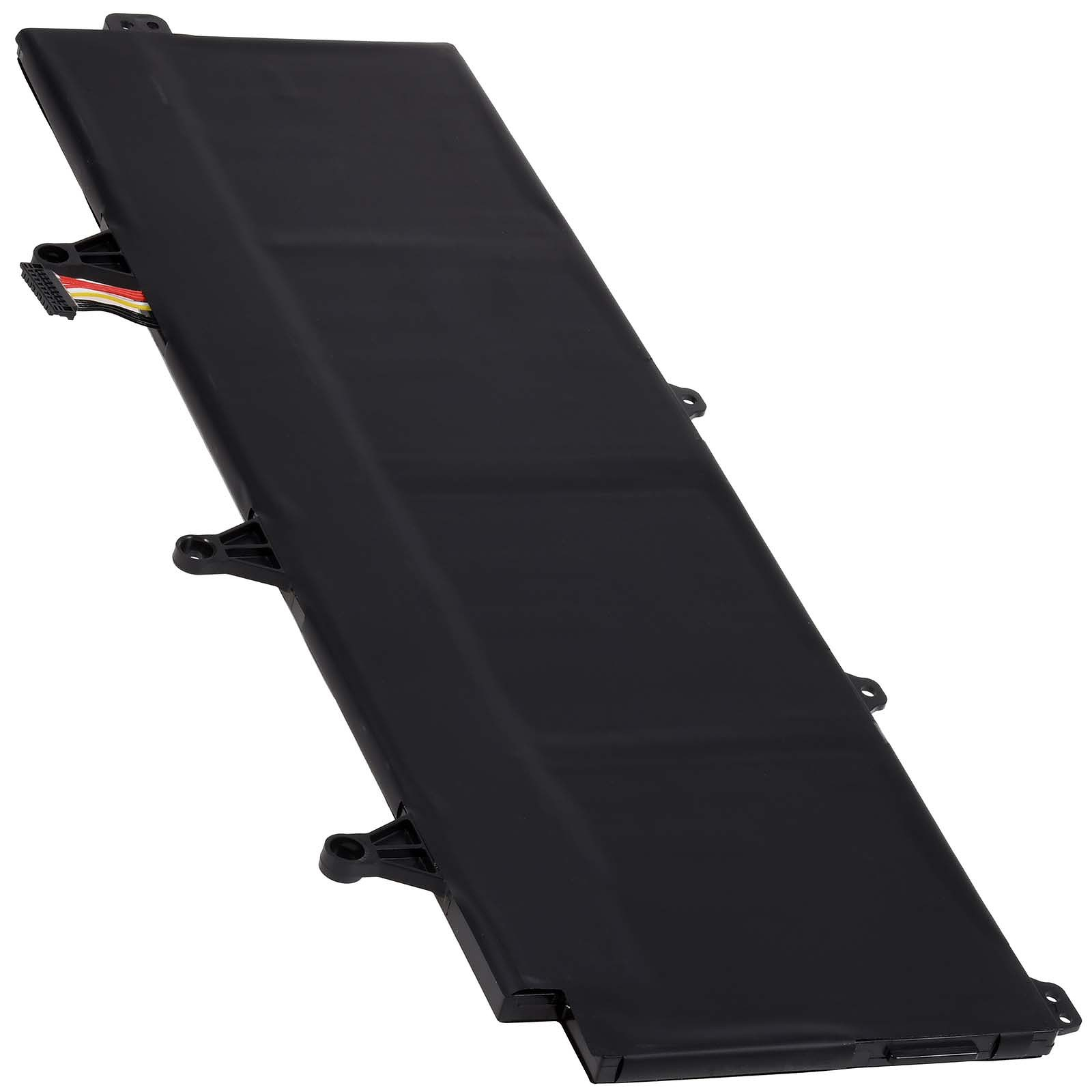 Schwarzer Laptop-Akku in einem Winkel. Es ist lang und rechteckig. An der Seite befinden sich Anschlüsse.