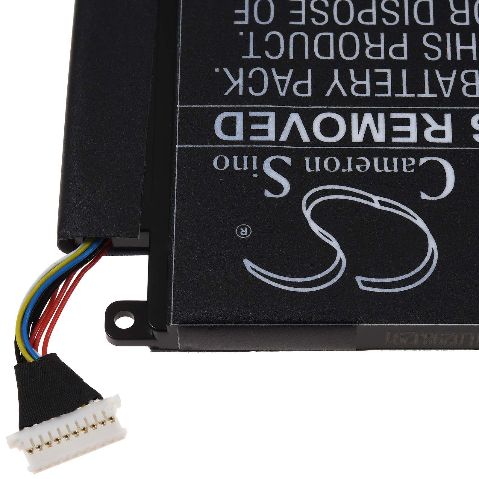 Schwarzer Laptop-Akku mit Etikett. Die Batterie hat farbige Drähte und einen Stecker. Das Etikett ist weiß.