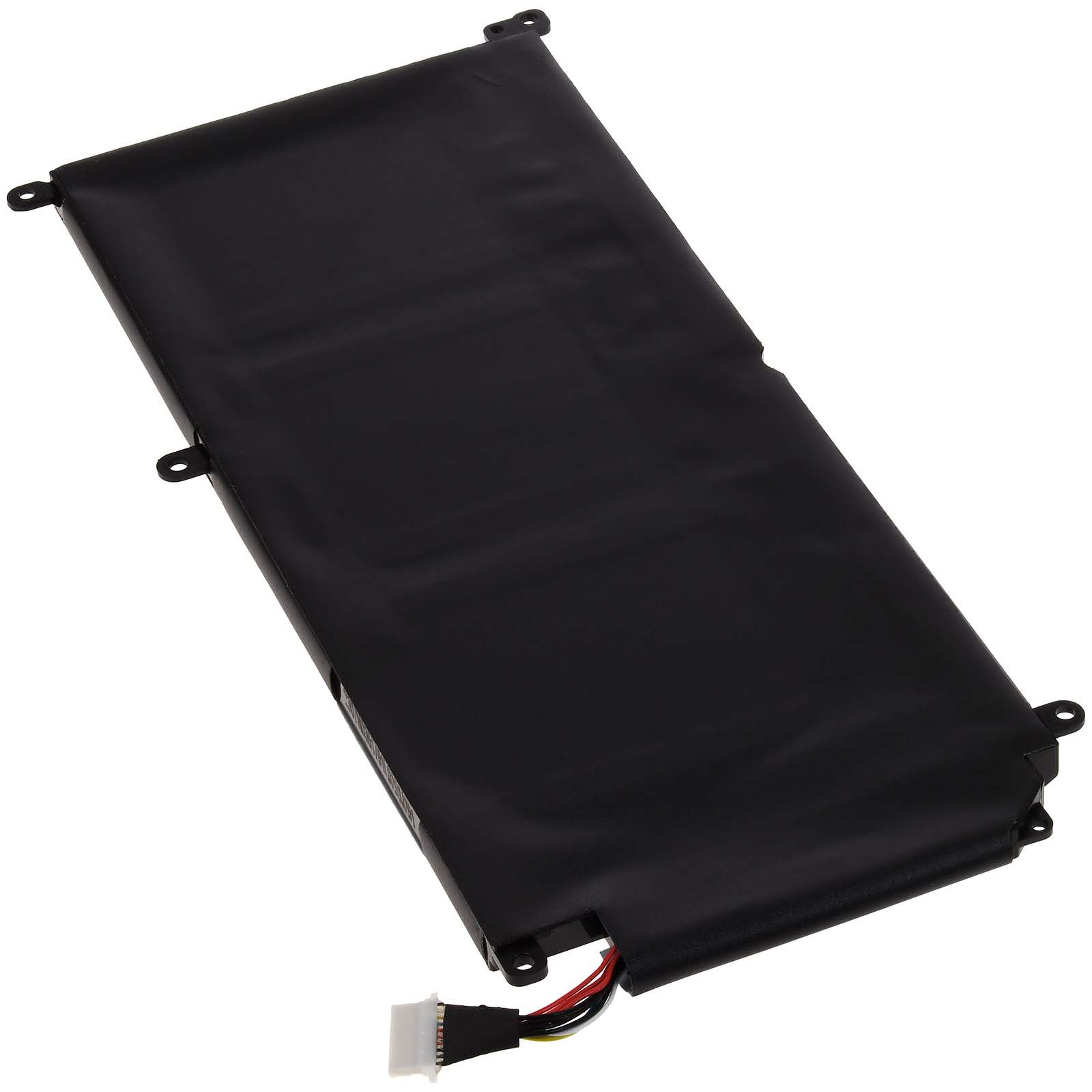 Ein schwarzer Laptop-Akku. Weißer Stecker mit Drähten unten.