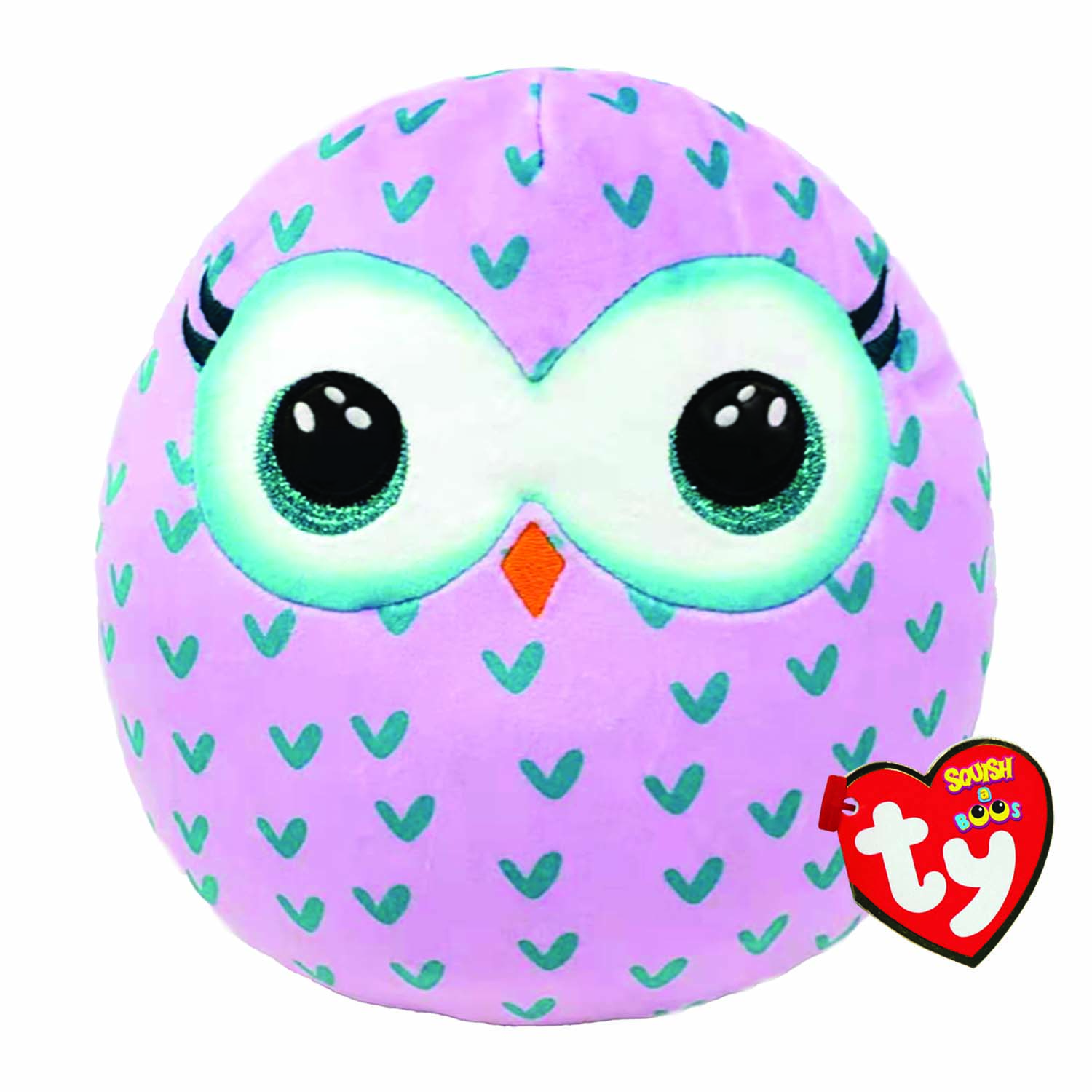 Rosa eulenartiges Spielzeug mit großen Augen und Herzanhänger. Marke Squishmallows. Weißer Hintergrund.