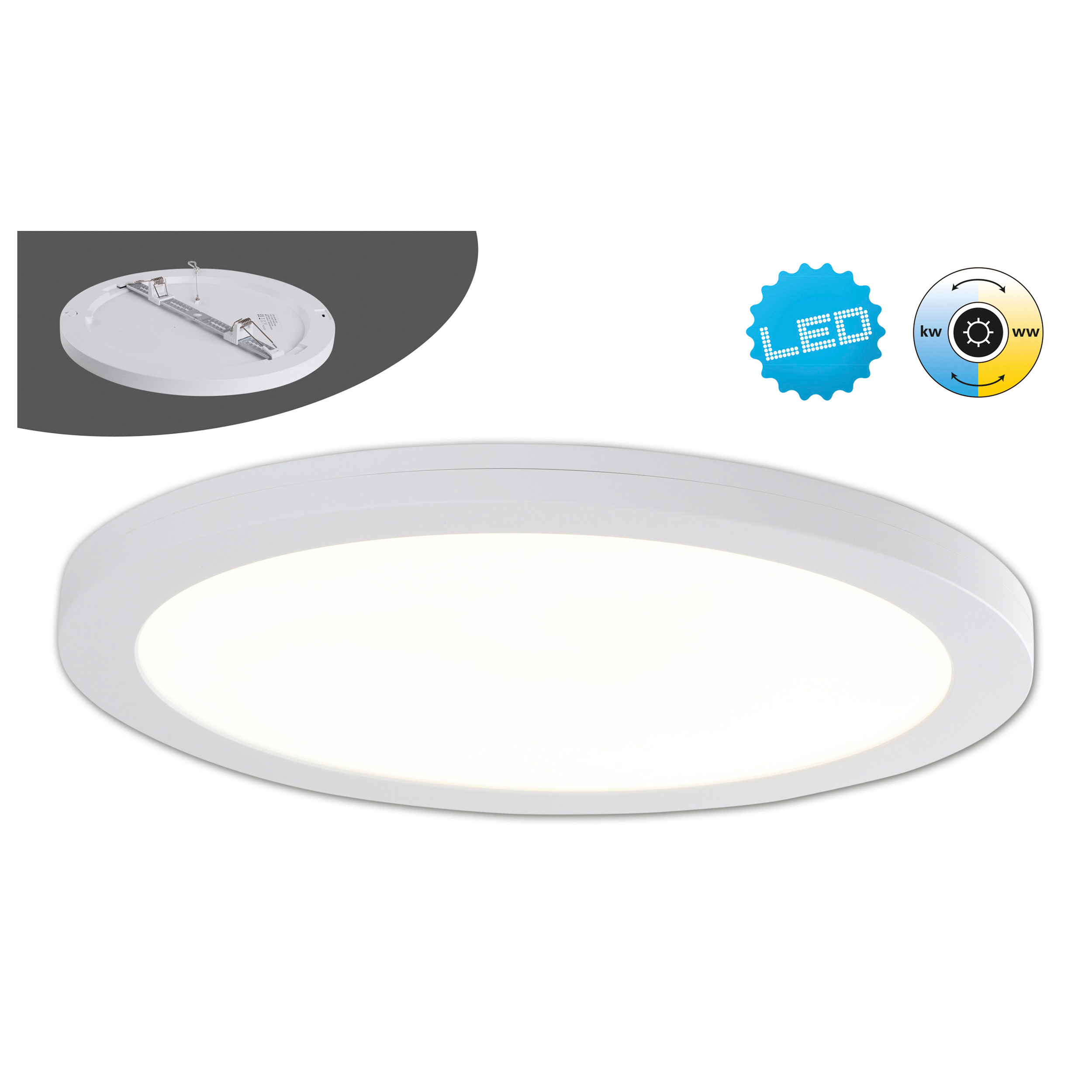 Weiße LED-Deckenleuchte mit Lampe im Hintergrund. Enthält Farbtemperaturoptionen.