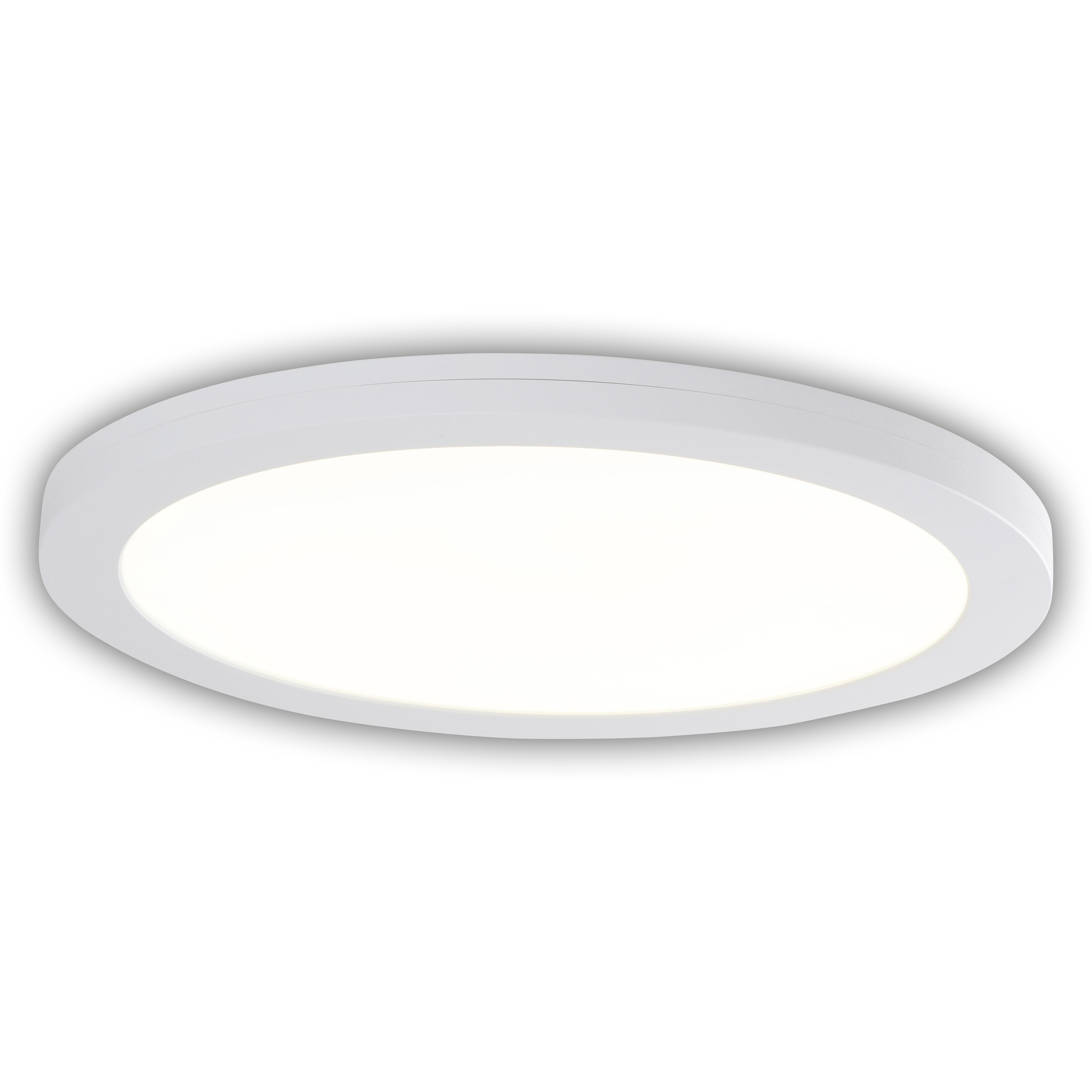 Eine weiße, runde Deckenleuchte. Das Licht ist eingeschaltet. Es ist ein einfaches, modernes Design.