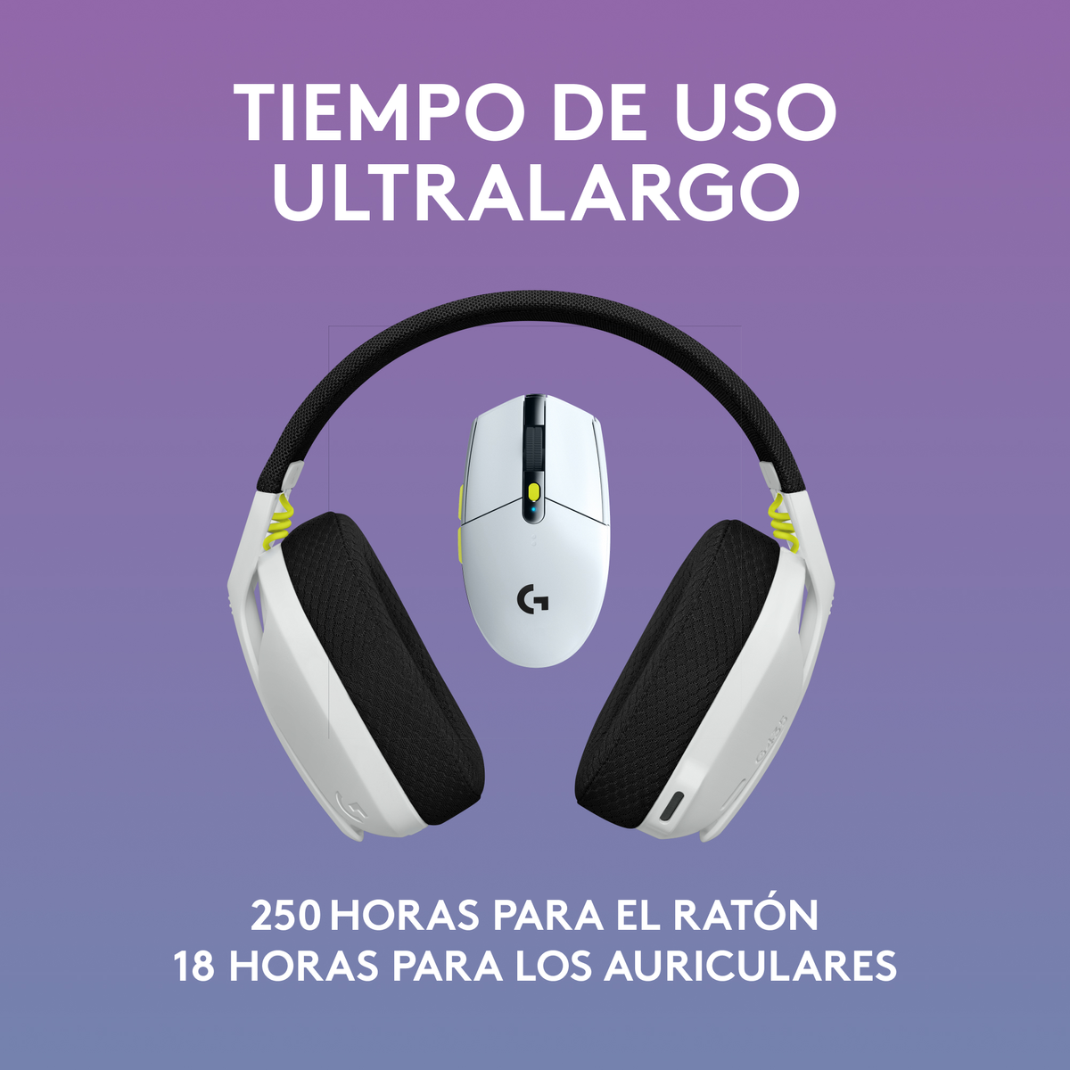 Cuffie e mouse su sfondo viola. Testo: Tempo di utilizzo ultra lungo, 250 ore mouse, 18 ore cuffie.
