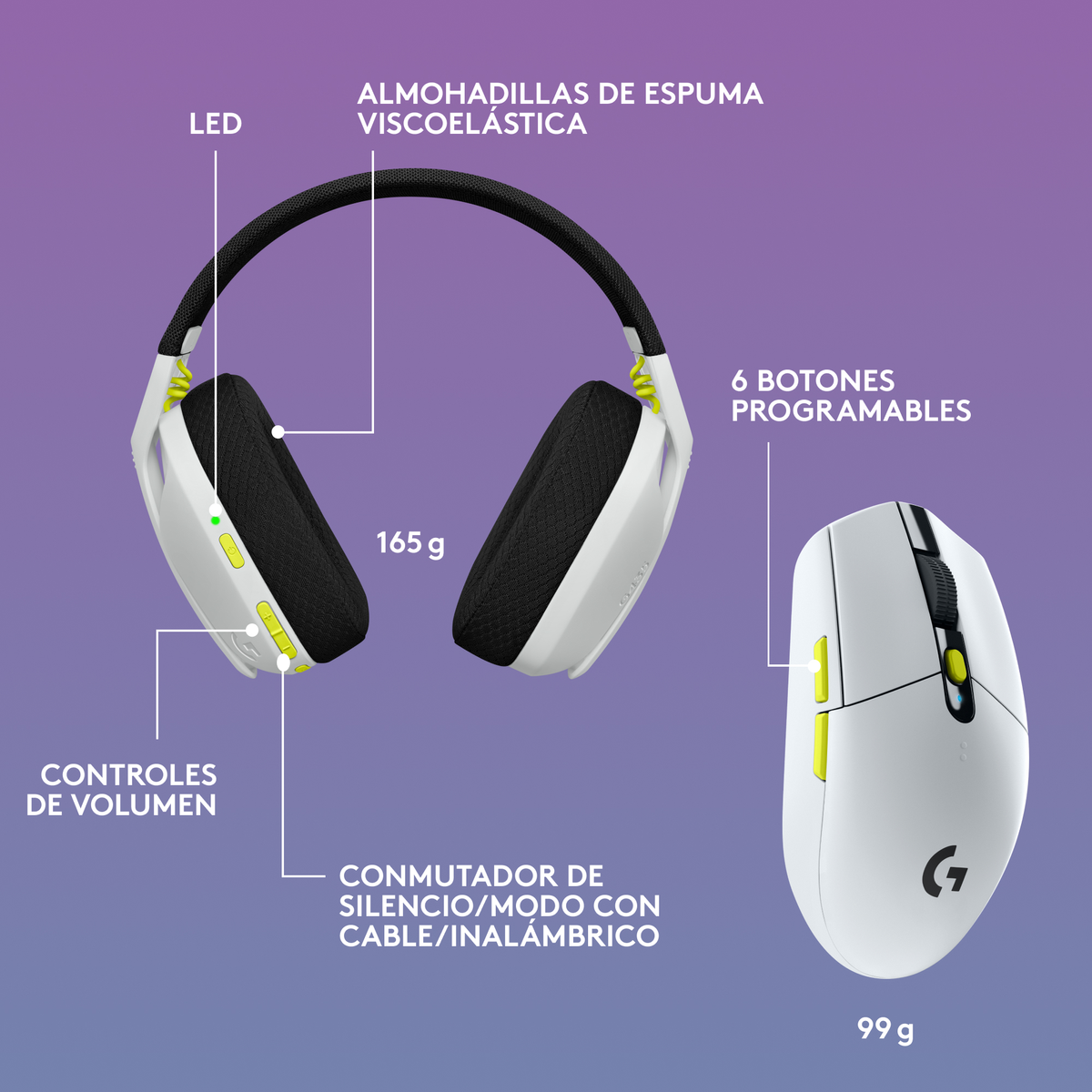 Cuffie e mouse da gioco bianchi, con dettagli gialli. Le etichette identificano le funzioni in spagnolo.