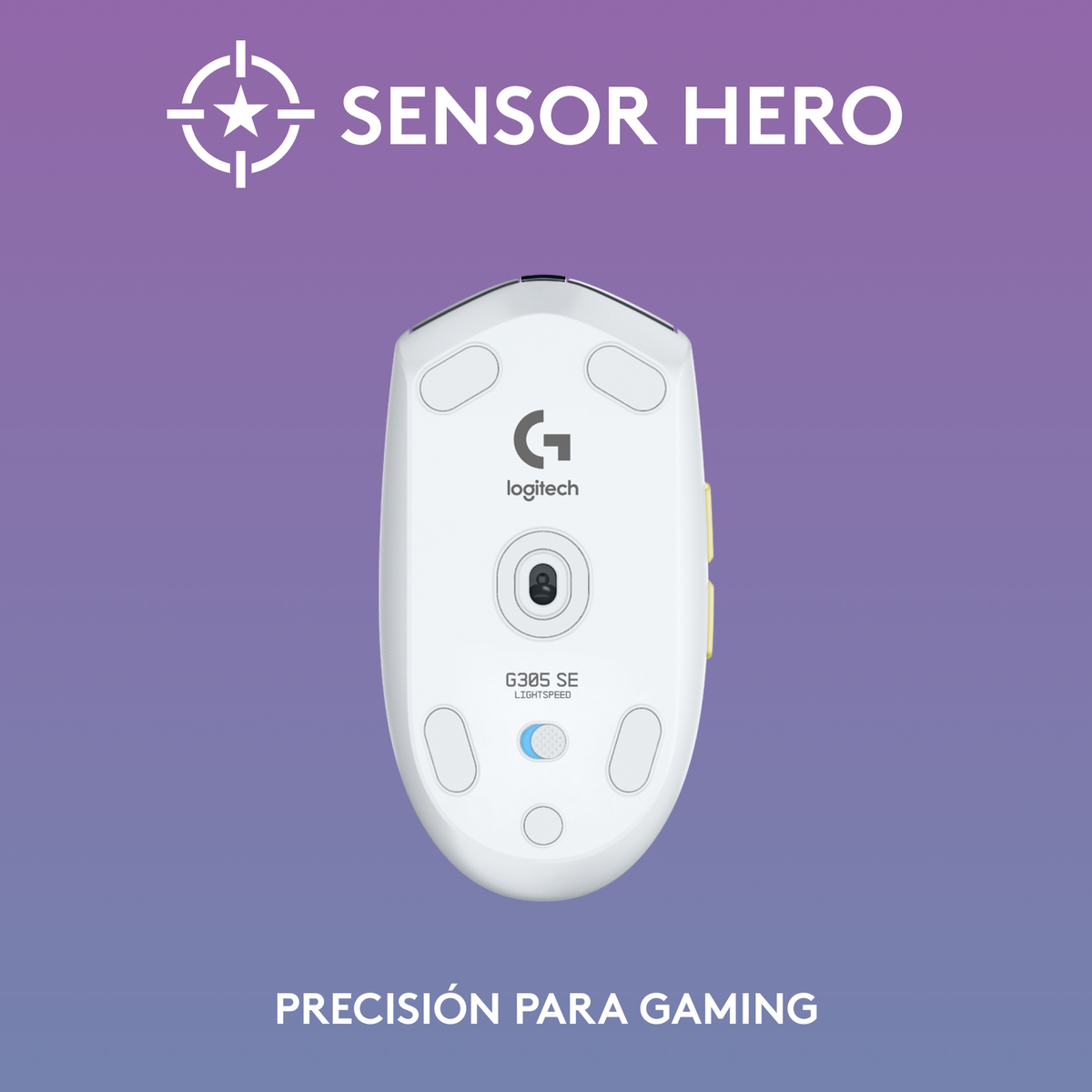 Mouse Logitech G305 SE, bianco con dettagli neri e gialli, su sfondo viola sfumato. Testo Sensor Hero.