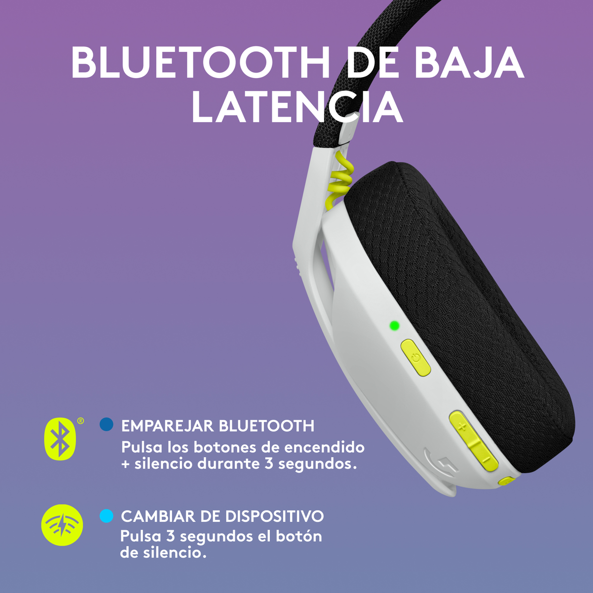 Cuffie bluetooth bianche e gialle, con testo in spagnolo.