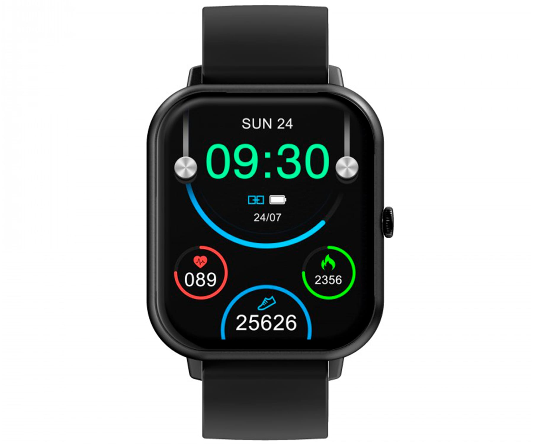 Czarny smartwatch wyświetlający godzinę, tętno, kroki i spalone kalorie.