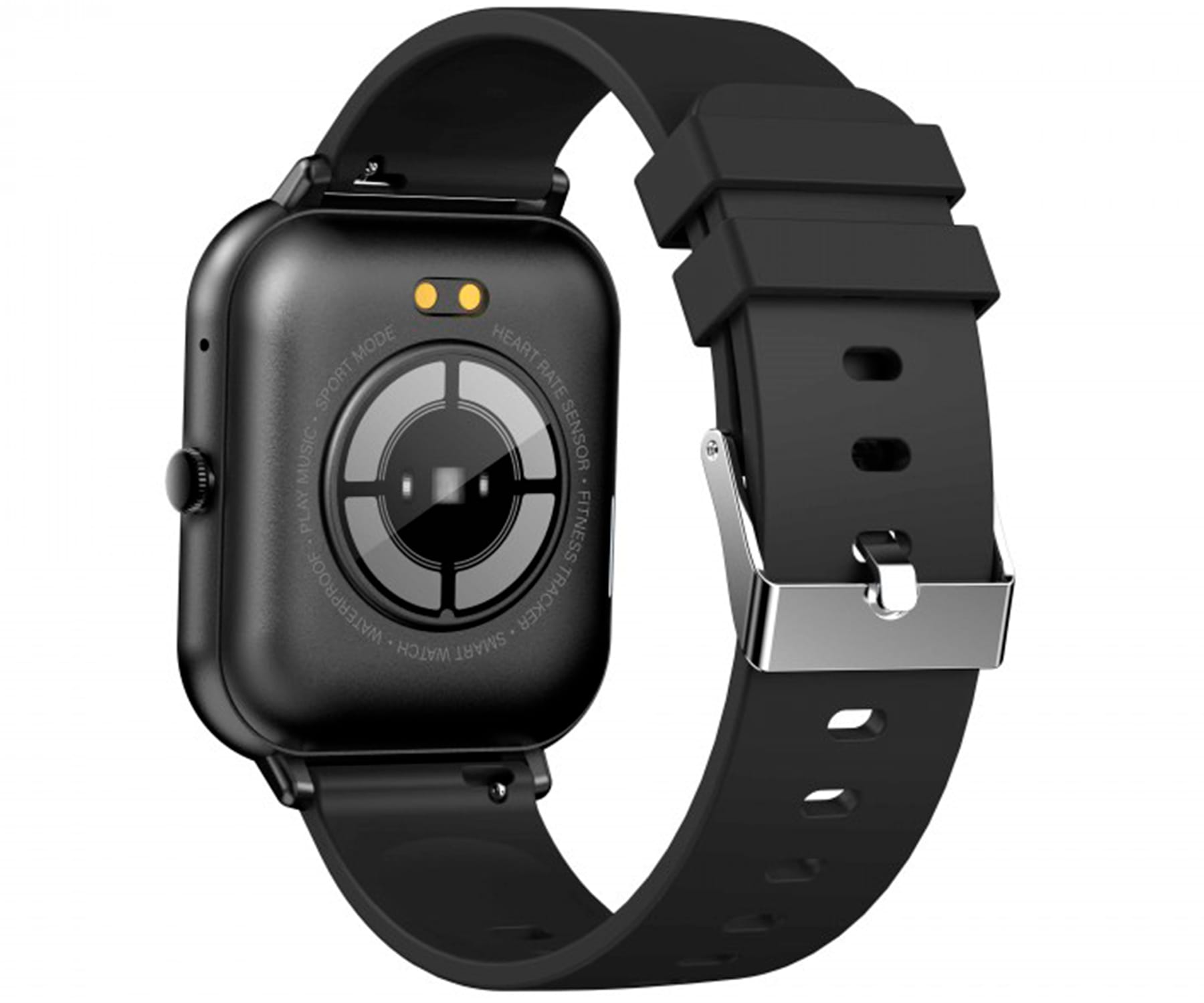 Czarny smartwatch z czarnym paskiem. Widoczny jest tył zegarka.