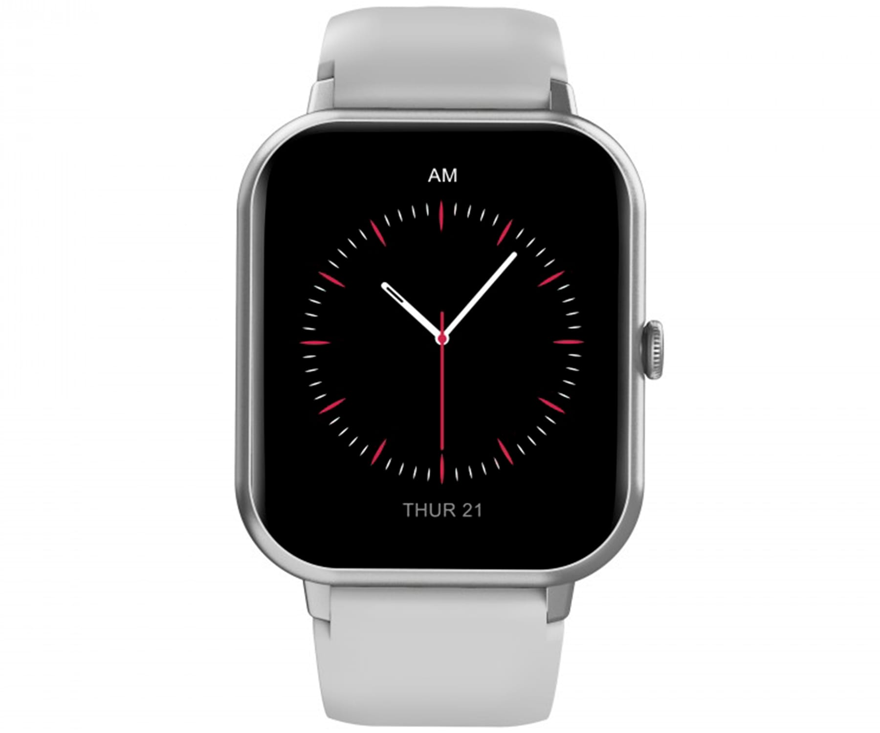 Smartwatch z czarnym ekranem wyświetlającym godzinę. Srebrna ramka i biały pasek.