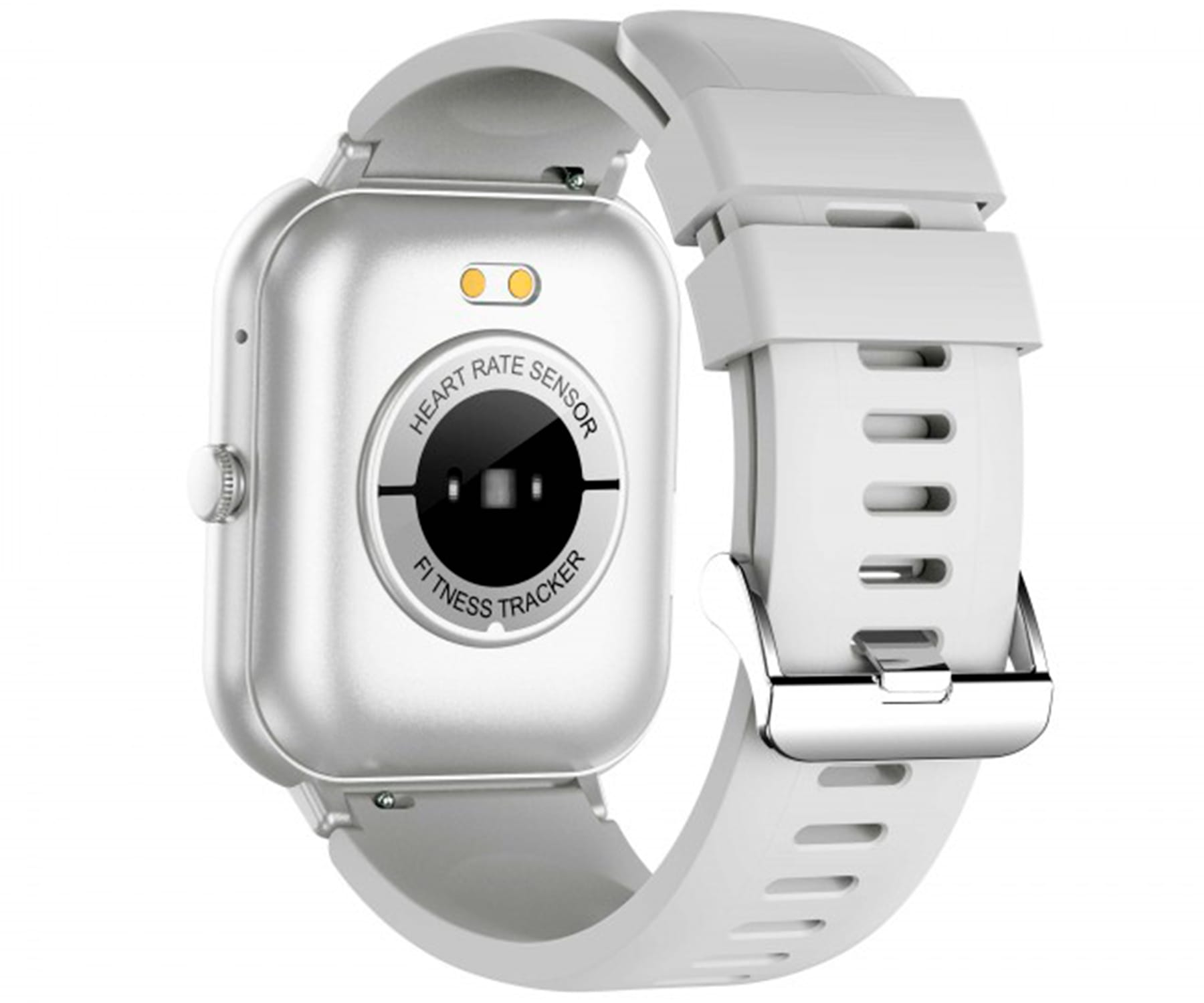 Biały smartwatch, widok z tyłu, z czujnikiem tętna i napisem 'Fitness Tracker'. Biały pasek.