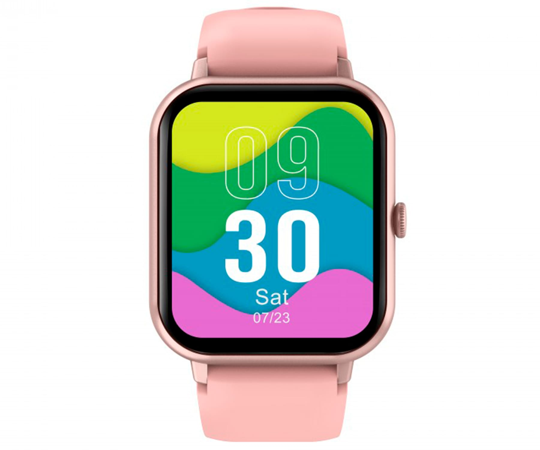 Różowy smartwatch pokazujący godzinę, datę i inne dane na kolorowym ekranie.