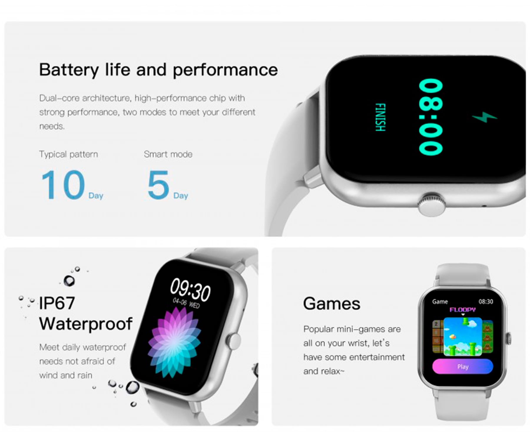 Wiele obrazów smartwatcha pokazujących żywotność baterii, wodoodporność i opcje gier.