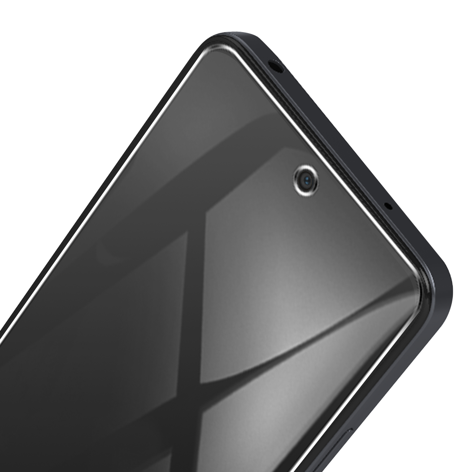 Un primo piano di un telefono nero. Lo schermo è acceso e riflette la luce. Una fotocamera è visibile in alto.
