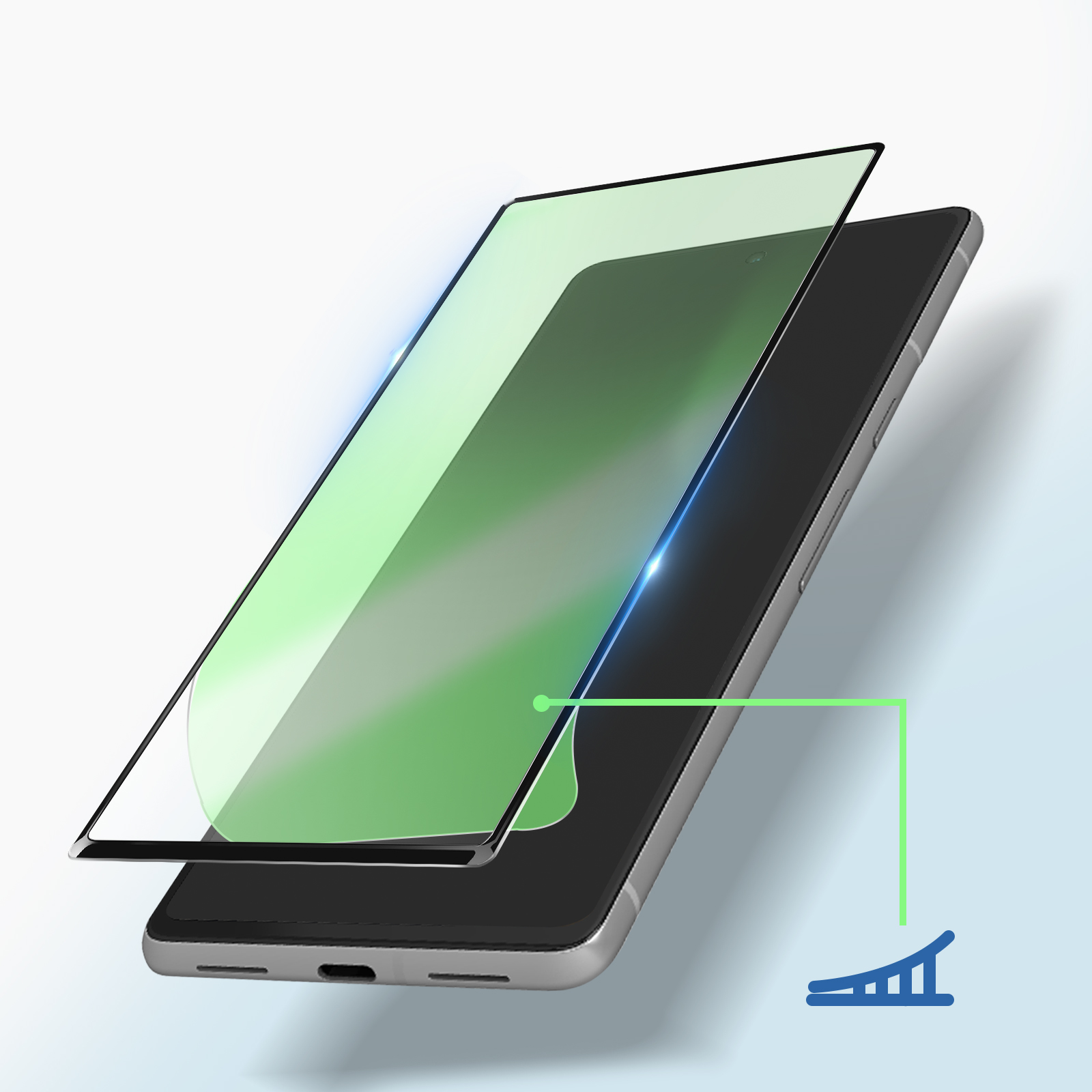 Uno smartphone con una protezione per lo schermo verde in fase di applicazione.