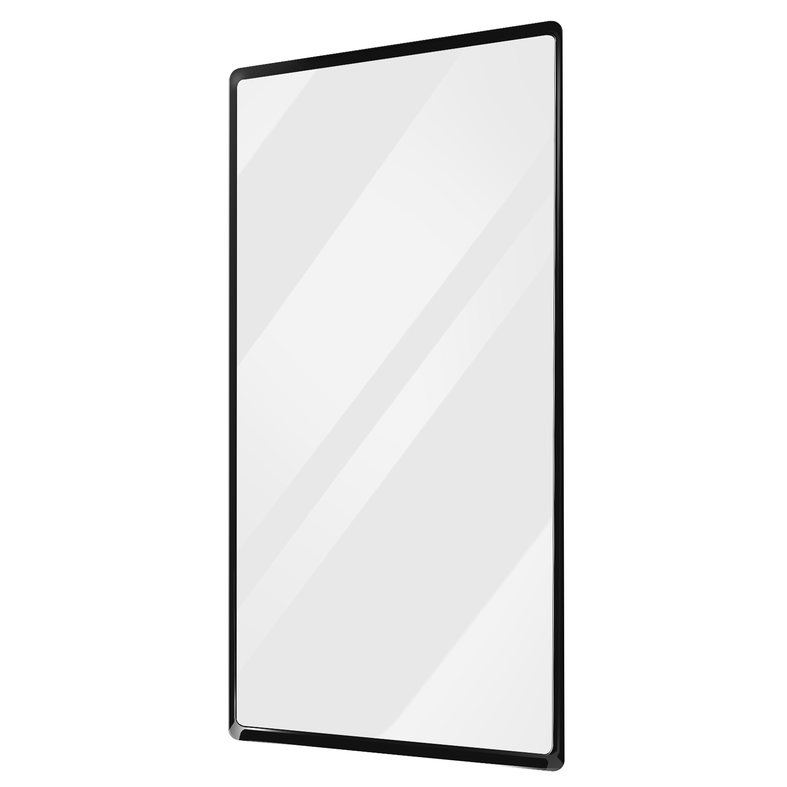 Un tablet nero rettangolare sottile con cornice nera e schermo bianco.