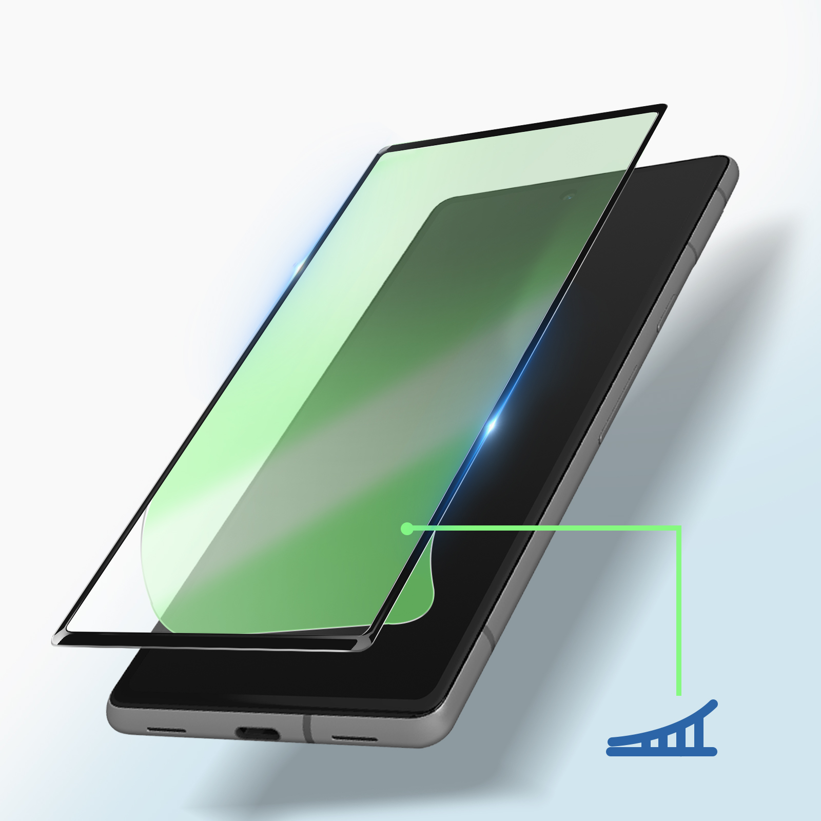 Un telefono con una protezione per lo schermo installata. La protezione è verde e parzialmente trasparente.