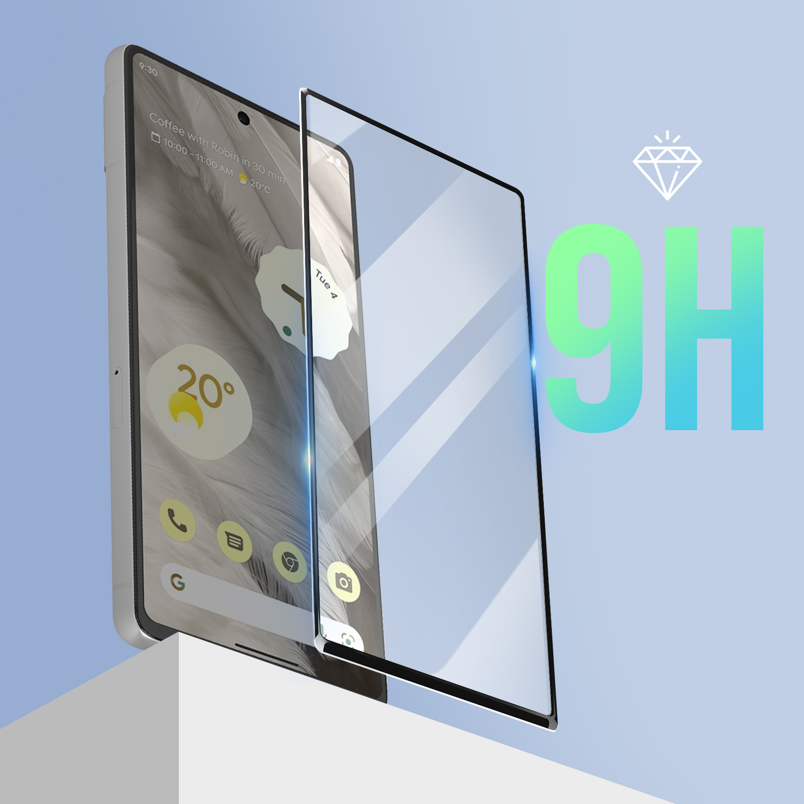 Un telefono con protezione schermo applicata e il testo '9H' visualizzato con un'icona a diamante.