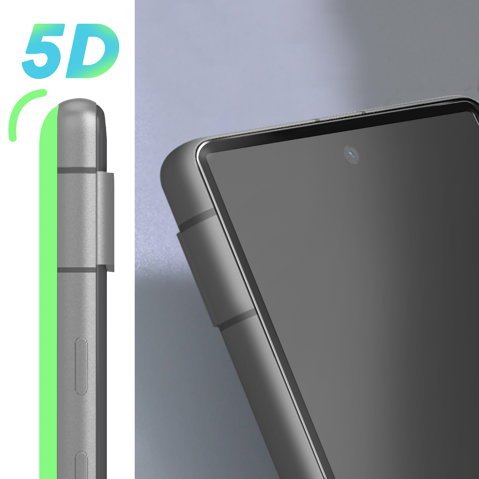 Il lato di un telefono con un accento verde e il numero 5D. Il telefono è di colore grigio scuro.