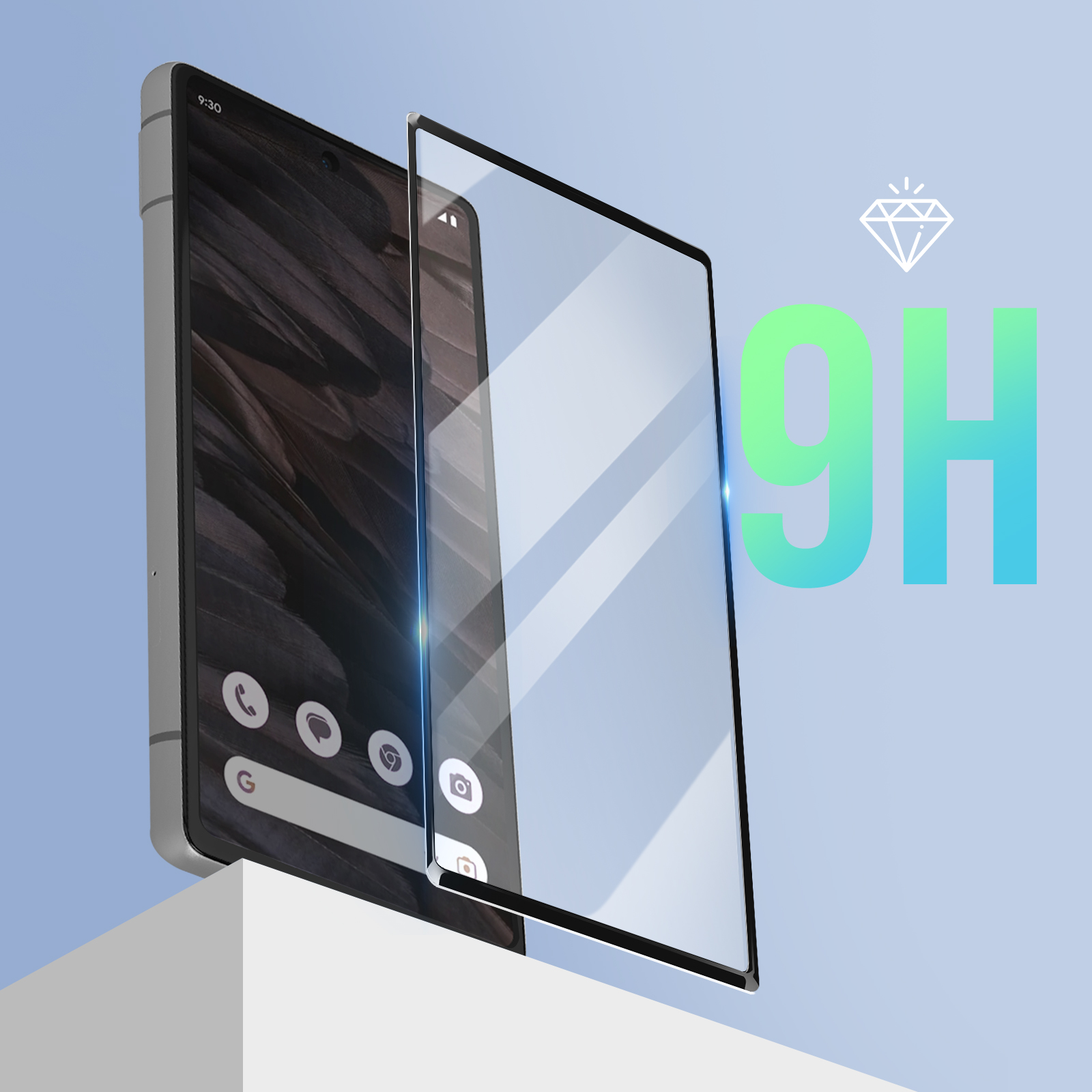 Telefono con protezione schermo sovrapposta. Diamante e testo '9H'.