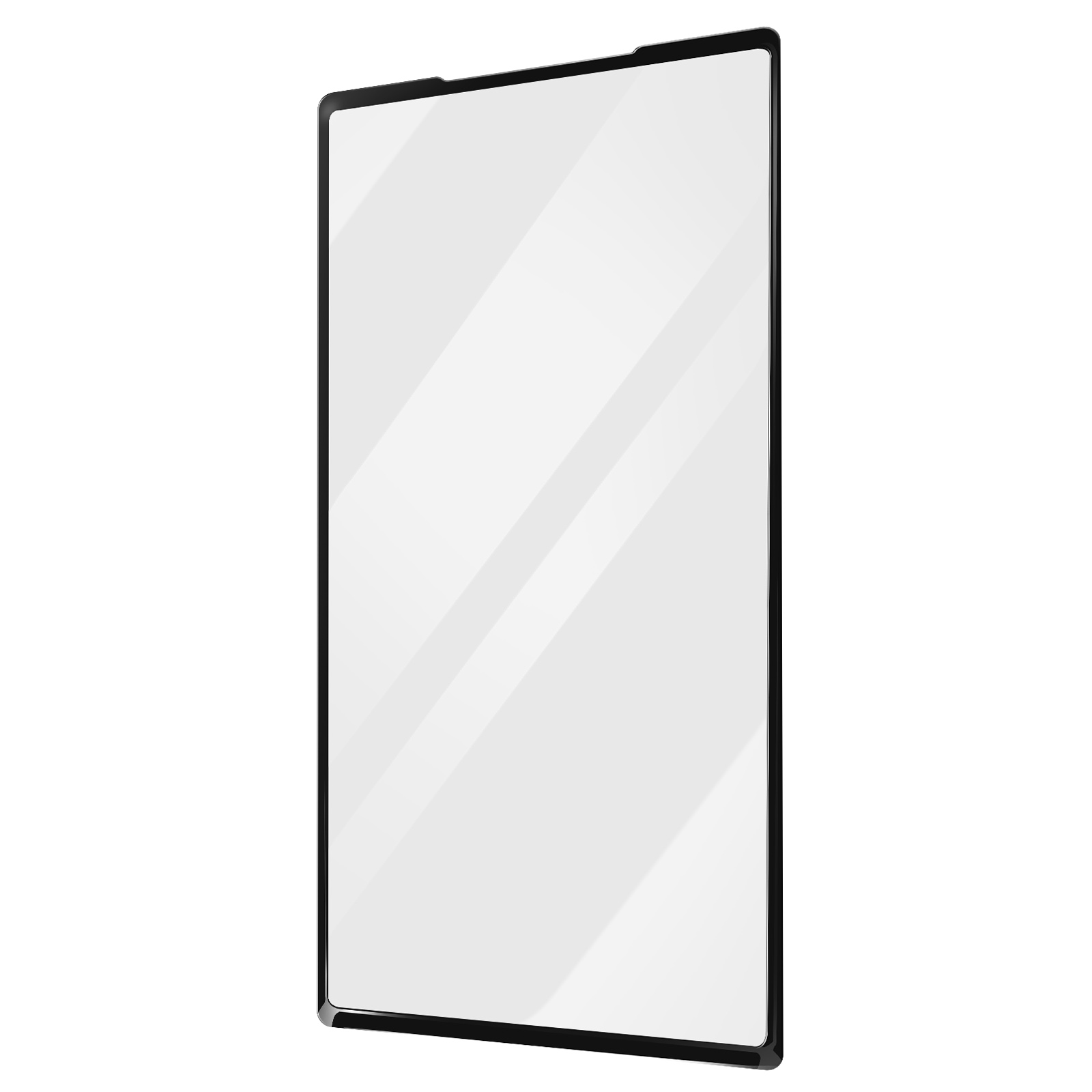 Uno schermo rettangolare con una cornice nera. È riflettente e ha uno sfondo bianco.