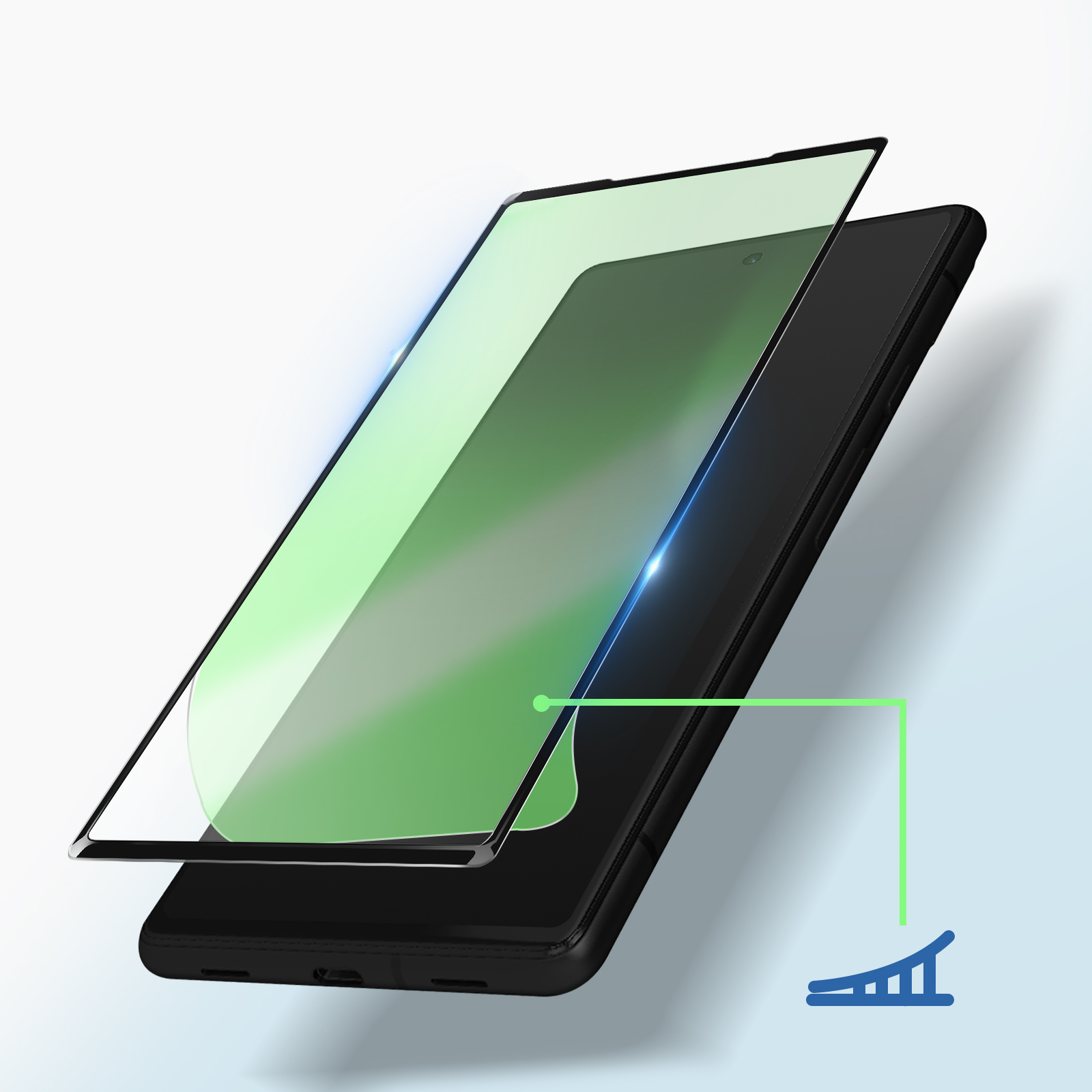 Una protezione per lo schermo viene applicata a un telefono nero. Viene mostrato un accento blu chiaro.