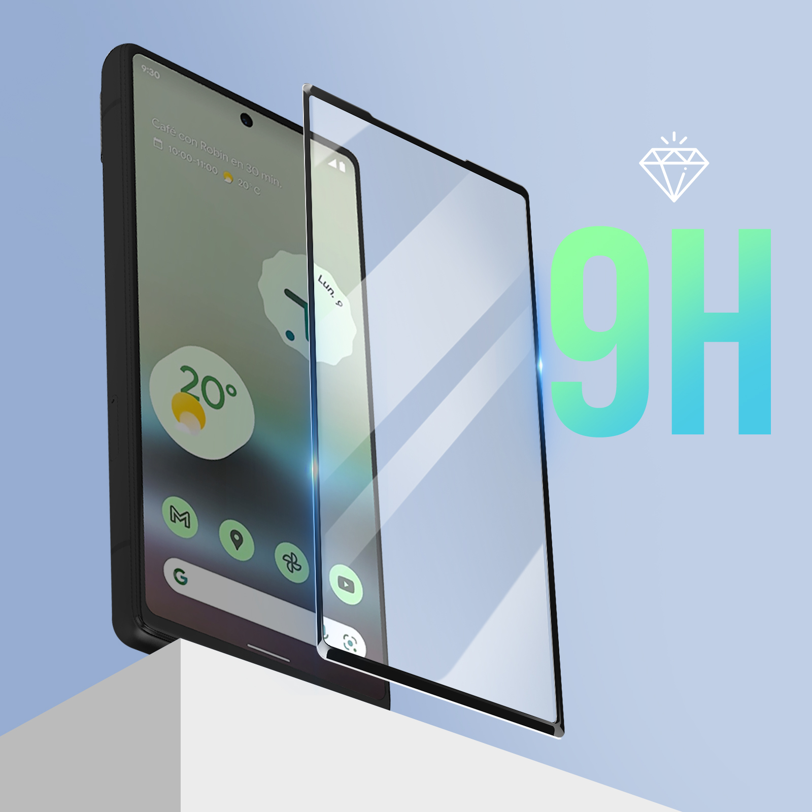 Uno smartphone con protezione schermo. Lo schermo mostra un'interfaccia con dettagli meteo e ora.