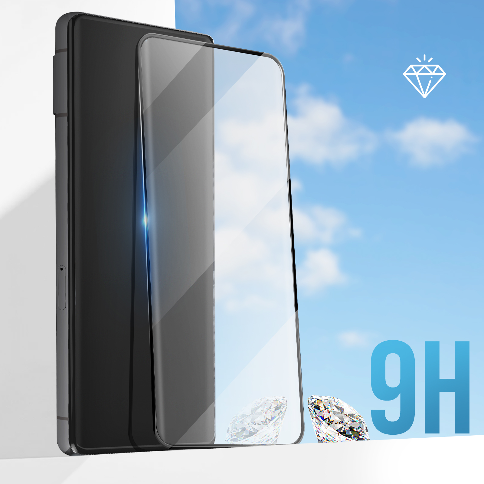 Telefono con protezione schermo. Simbolo diamante e testo 9H sullo schermo.