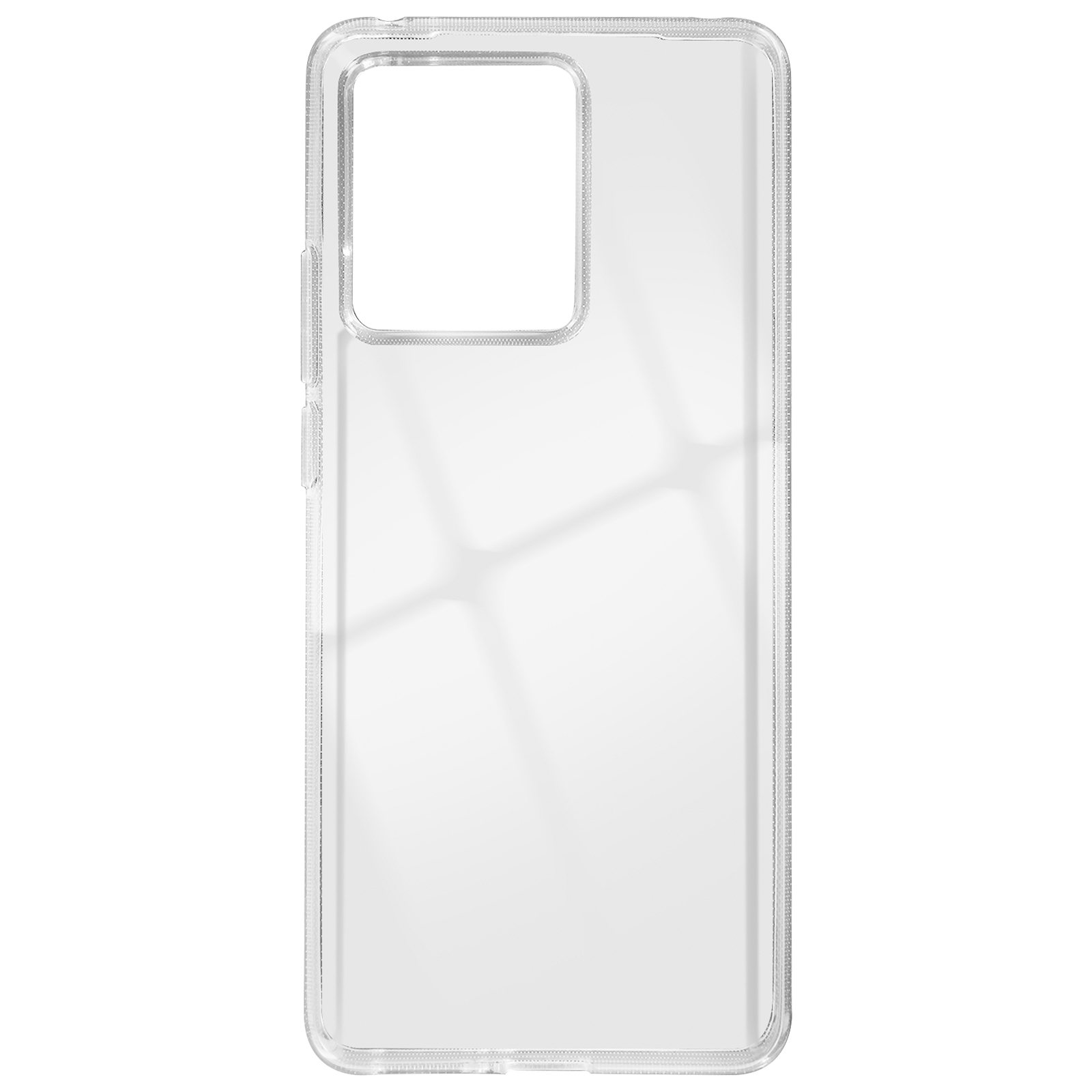 Transparente Handyhülle auf weißem Hintergrund. Die Hülle hat einen Kameraausschnitt.
