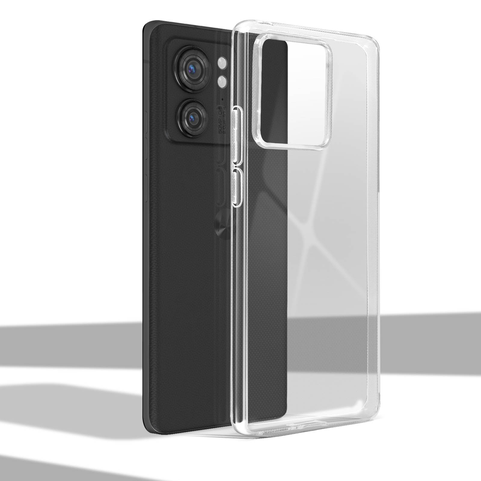 Ein schwarzes Telefon mit einer durchsichtigen Hülle. Die Hülle ist offen, neben dem Telefon. Das Telefon hat zwei Kameras.
