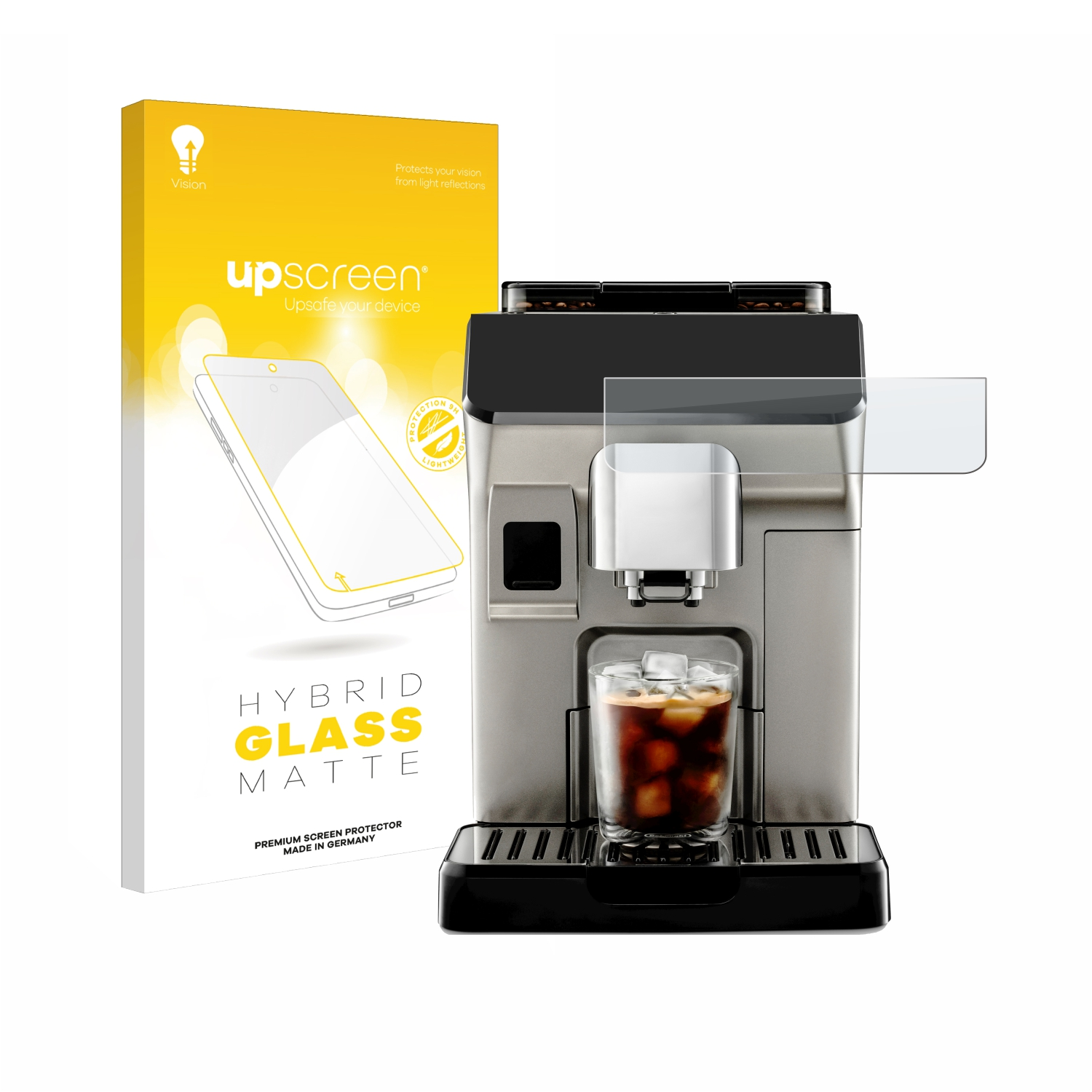 Kaffeemaschine mit Displayschutzfolienbox. Glas Eiskaffee steht auf der Maschine.