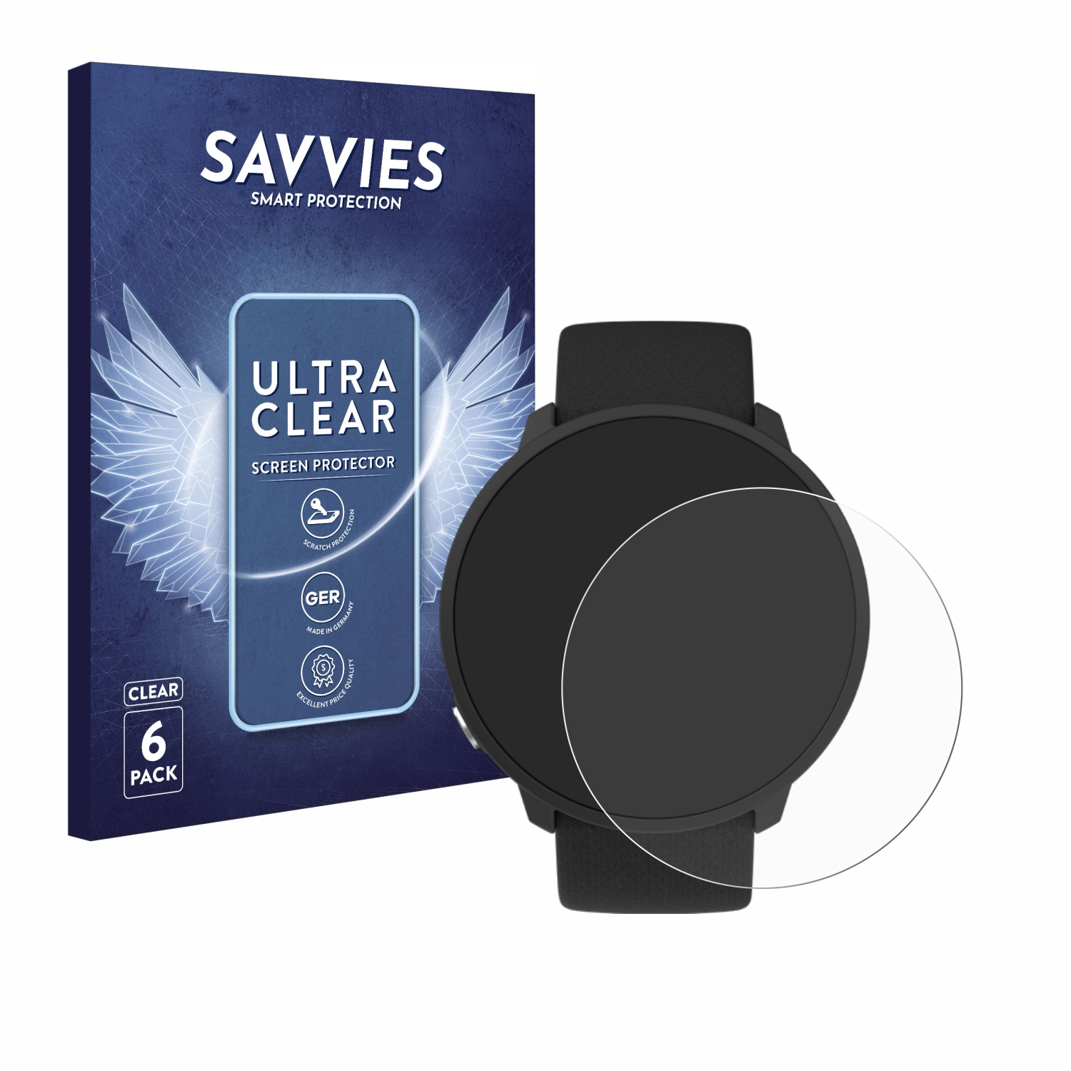 Smartwatch mit Displayschutz. Schwarze Uhr und weißer Kreis. Schutzfolie rechts.
