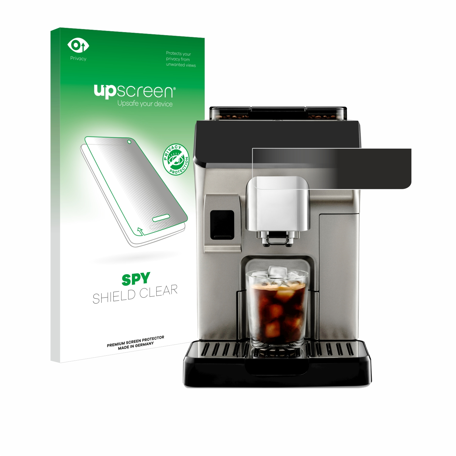 Eine Kaffeemaschine mit einem Glas Eiskaffee neben einer Displayschutzfolienbox mit dem Text 'SPY SHIELD CLEAR'.