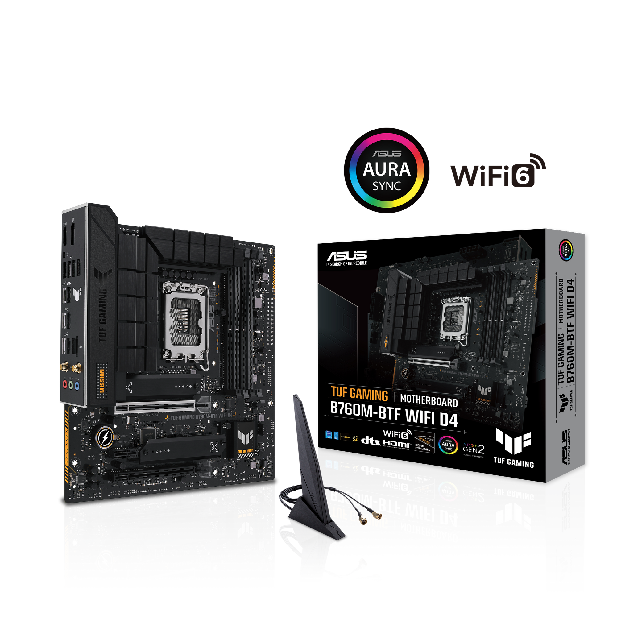 Scheda madre del computer e scatola. La scatola ha il logo Aura Sync e la parola 'WiFi6'.