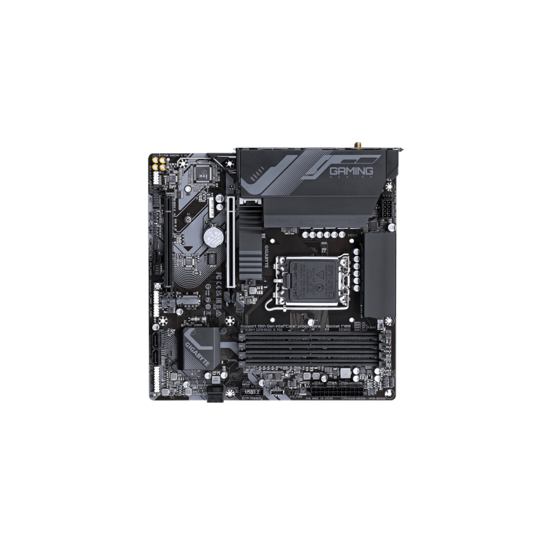 Scheda madre Gigabyte. Vista dall'alto, colore nero, con vari componenti.
