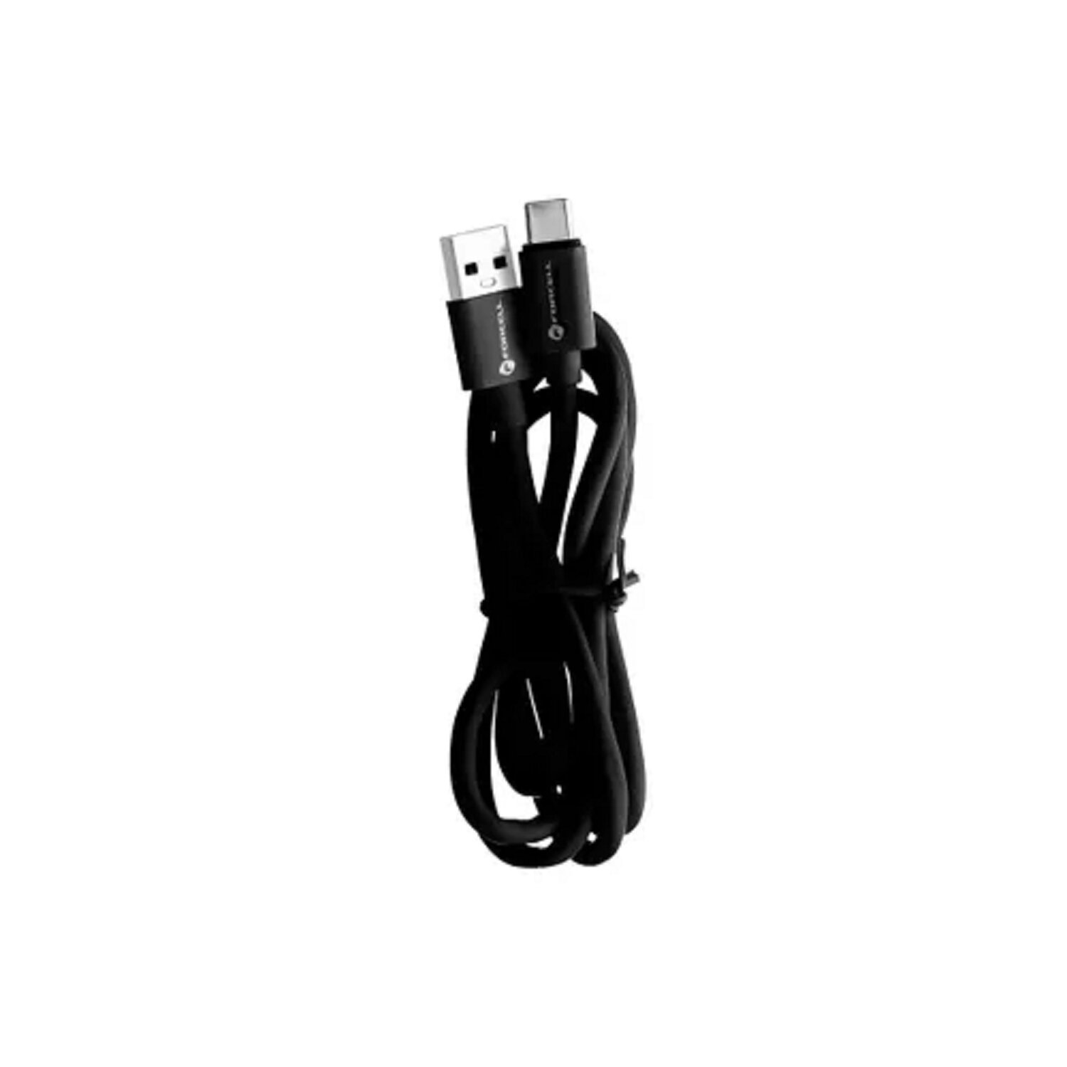 Schwarzes USB-A-zu-USB-C-Kabel, aufgerollt, vor weißem Hintergrund.