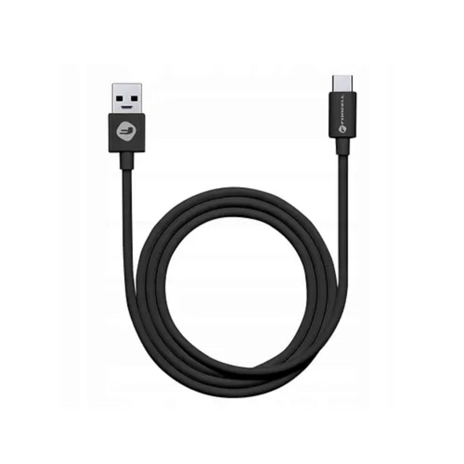 Schwarzes USB-zu-USB-C-Kabel, aufgerollt. Ein Ende hat einen USB-A-Anschluss.