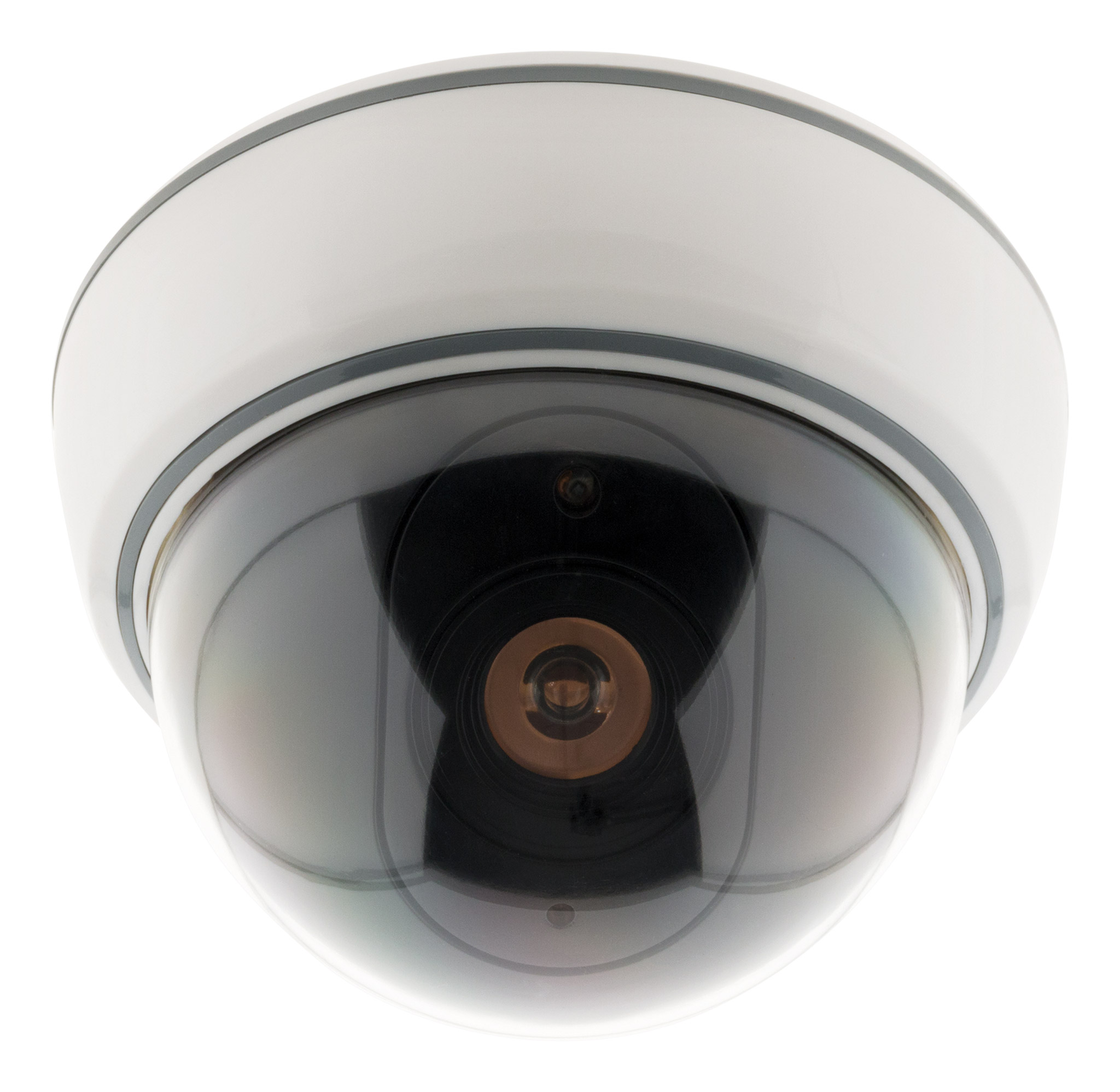 Telecamera di sicurezza a cupola. È bianca e ha una lente scura. La telecamera è montata su una superficie bianca.