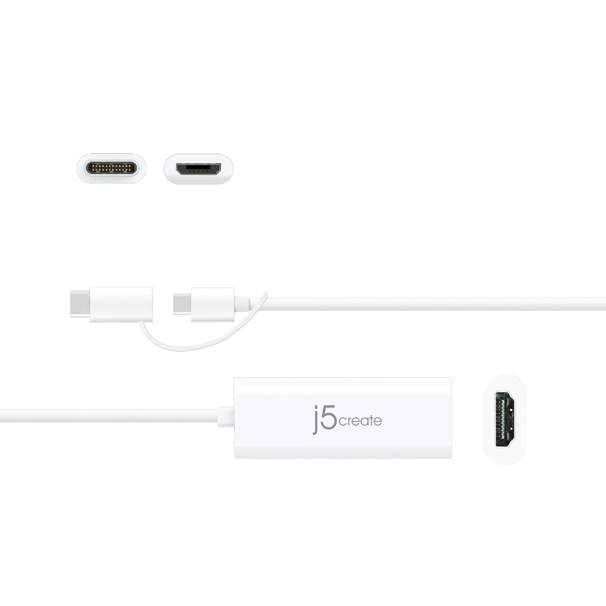 Un cable blanco J5Create, con un conector USB-C y HDMI, y otros dos conectores.