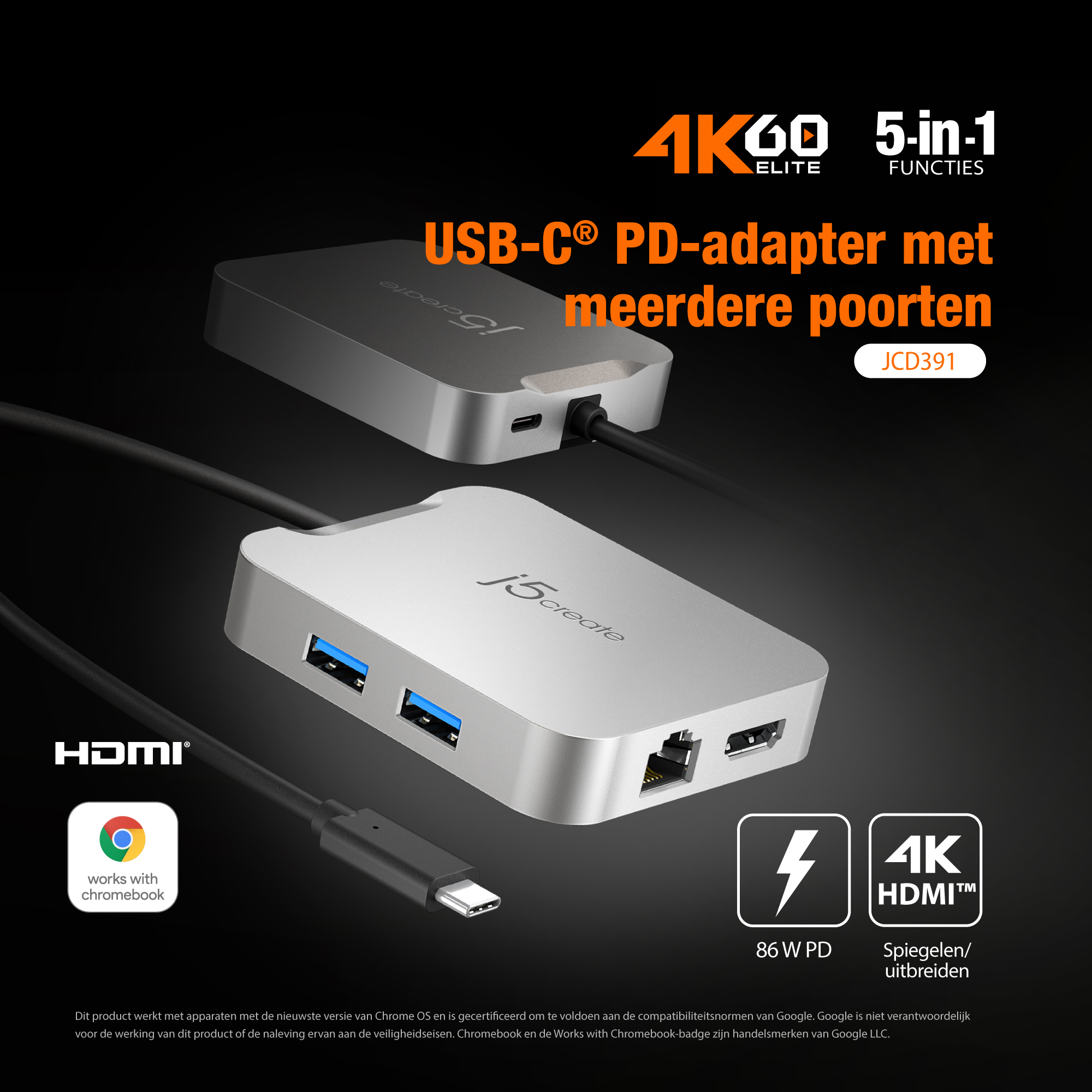 J5CREATE 4K60 Hub, Elite Silber Multi-Port, JCD391-N USB USB-C PD