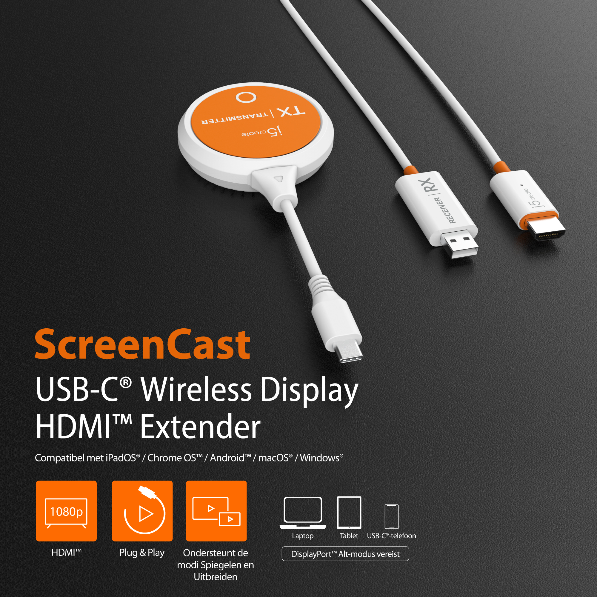 J5CREATE JVAW62-N ScreenCast USB-C Wireless Extender Display HDMI