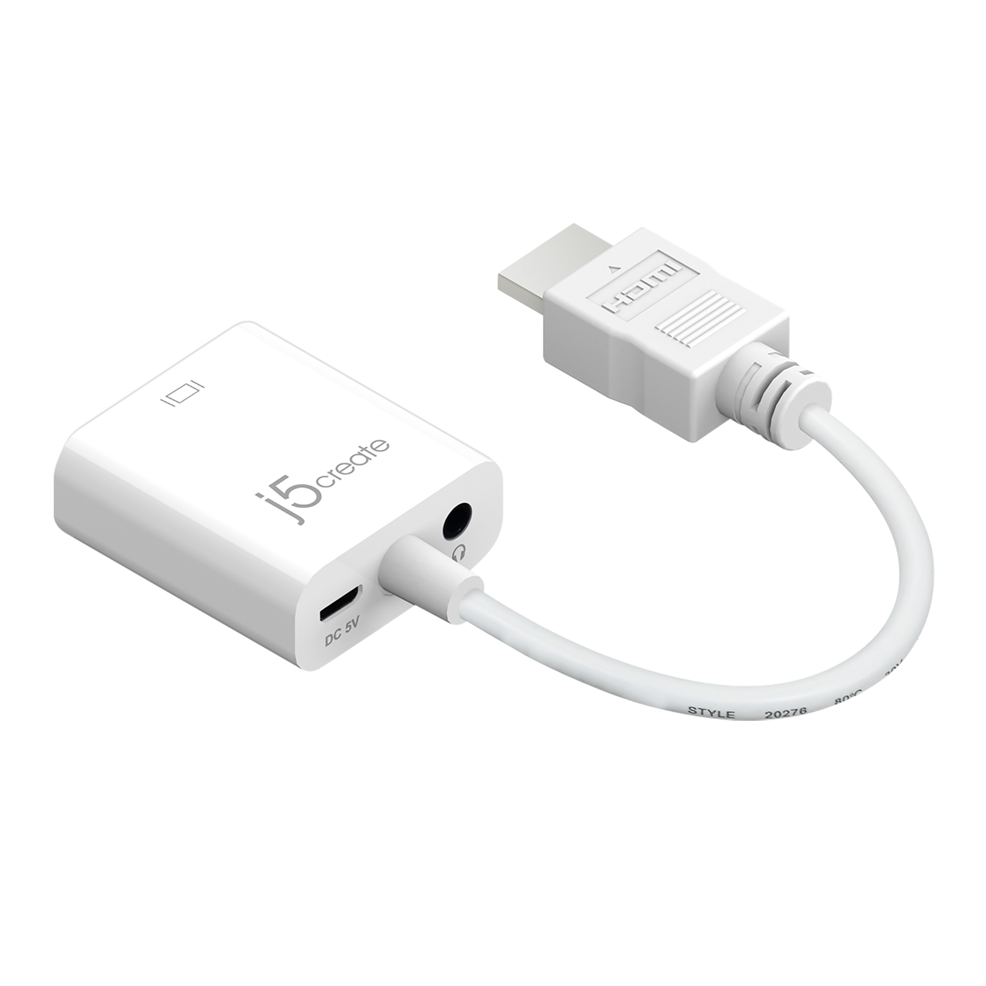 Un adaptador blanco con HDMI y puerto DC 5V. La marca es j5create.
