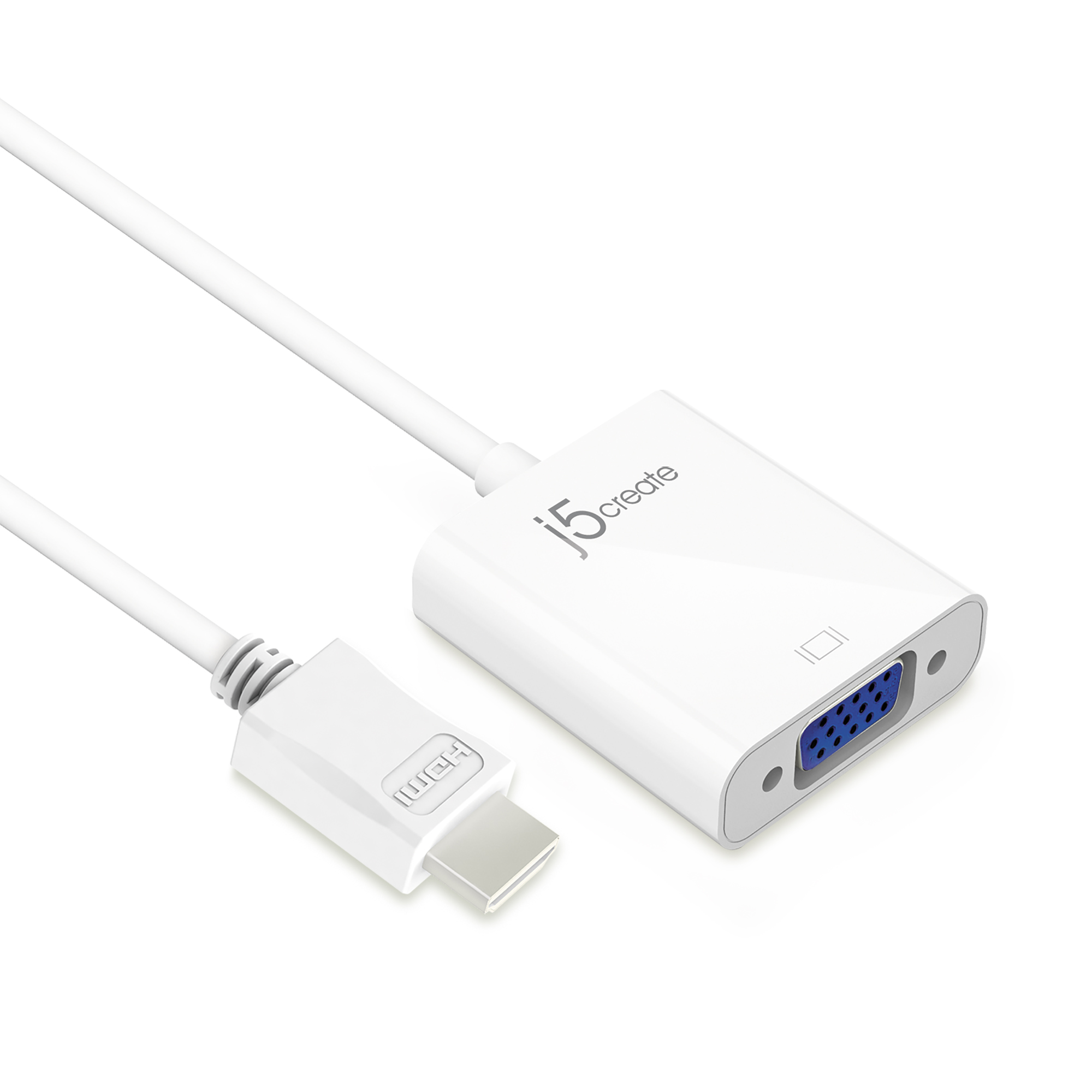 Cable adaptador HDMI a VGA blanco. Cable y conector blancos, puerto VGA azul.