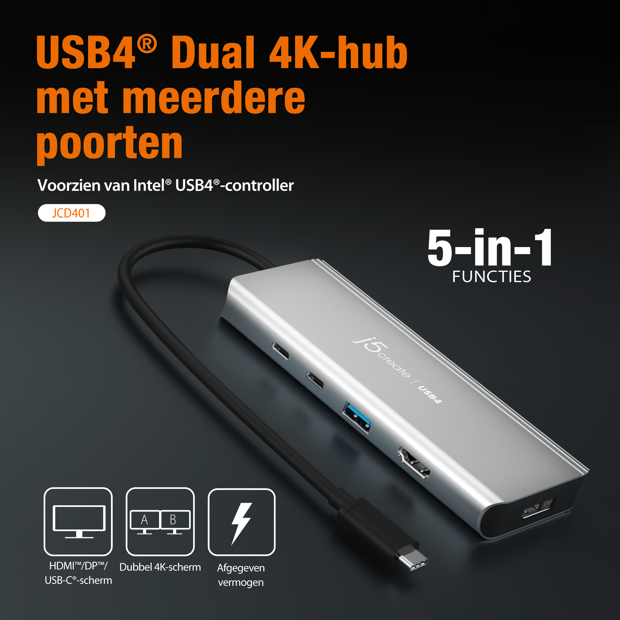 Hub, USB4 USB J5CREATE JCD401-N 4K Multi-Port, Dual Silber