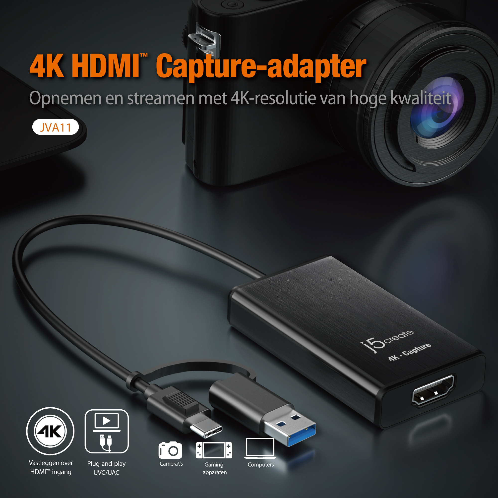 Un adattatore di acquisizione nero con cavi e porte USB, un obiettivo della fotocamera sullo sfondo.